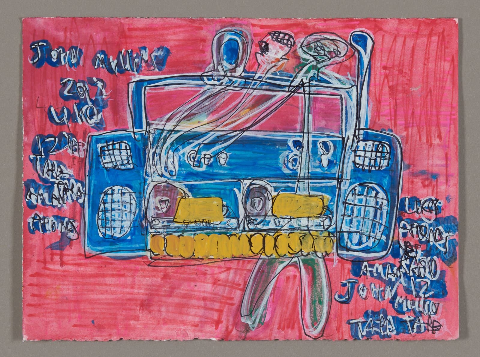 Drawing of blue semi truck with trailer on red background, acrylic and ink on paper