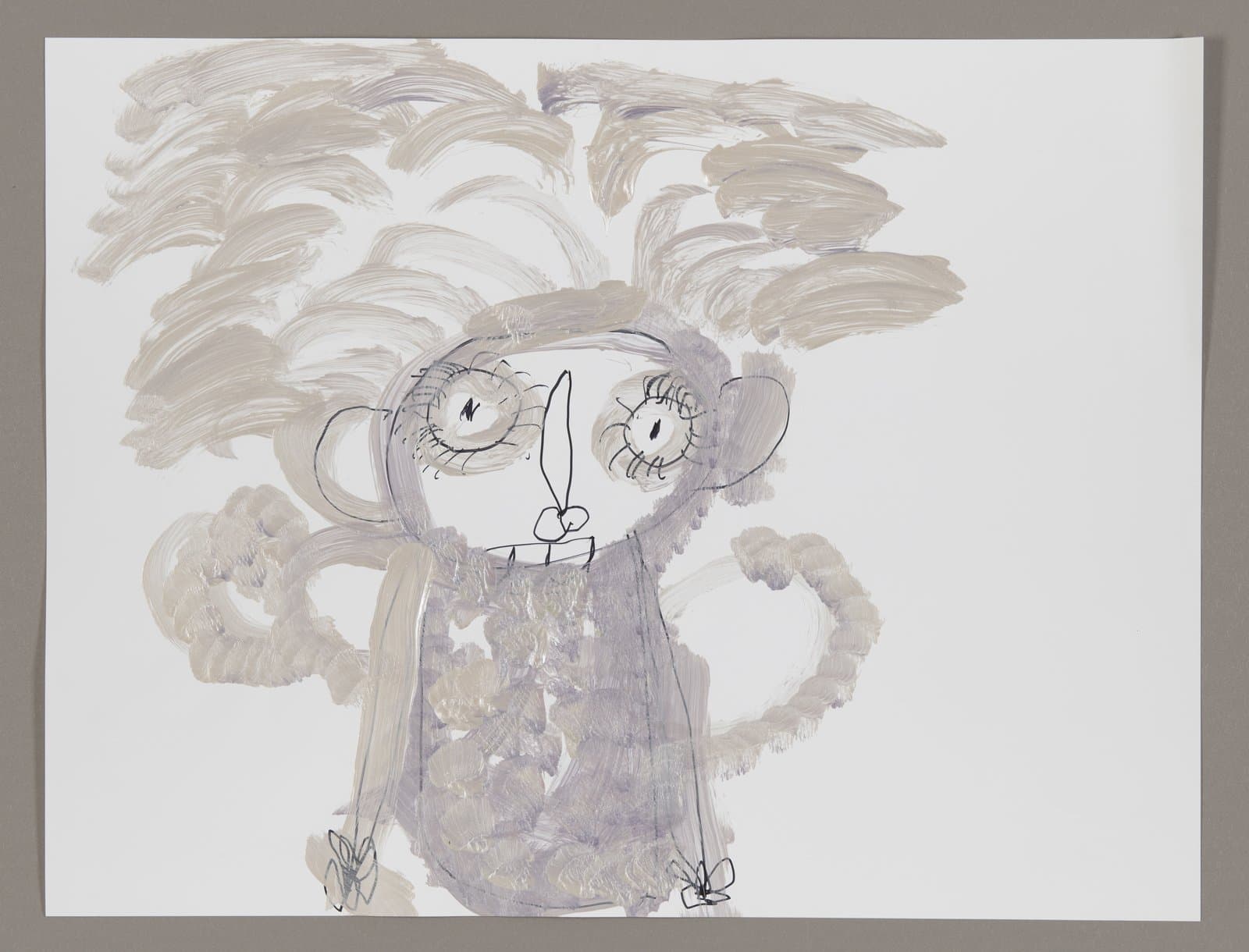 Mixed media drawing of a monkey-like figure with large eyes and raised arms, rendered in brown and gray tones on white paper