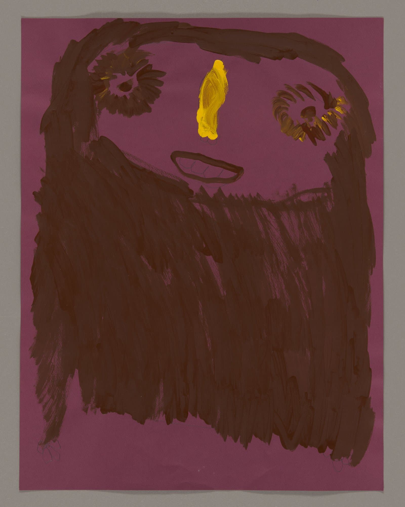 Painting of a bearded figure with long dark hair on purple background, acrylic and ink on paper