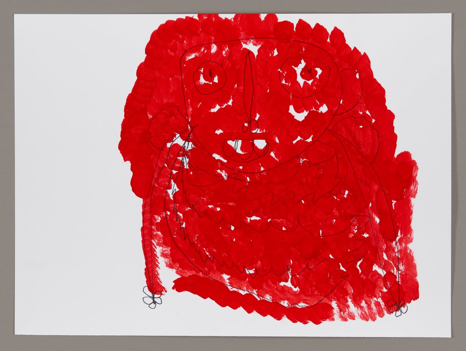 Red abstract figure with facial features in acrylic and ink on white paper