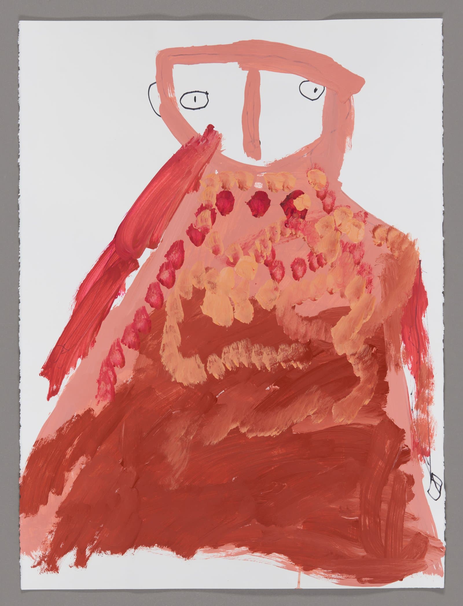 Acrylic and ink painting of a figure with orange hair wearing a red patterned garment on white paper