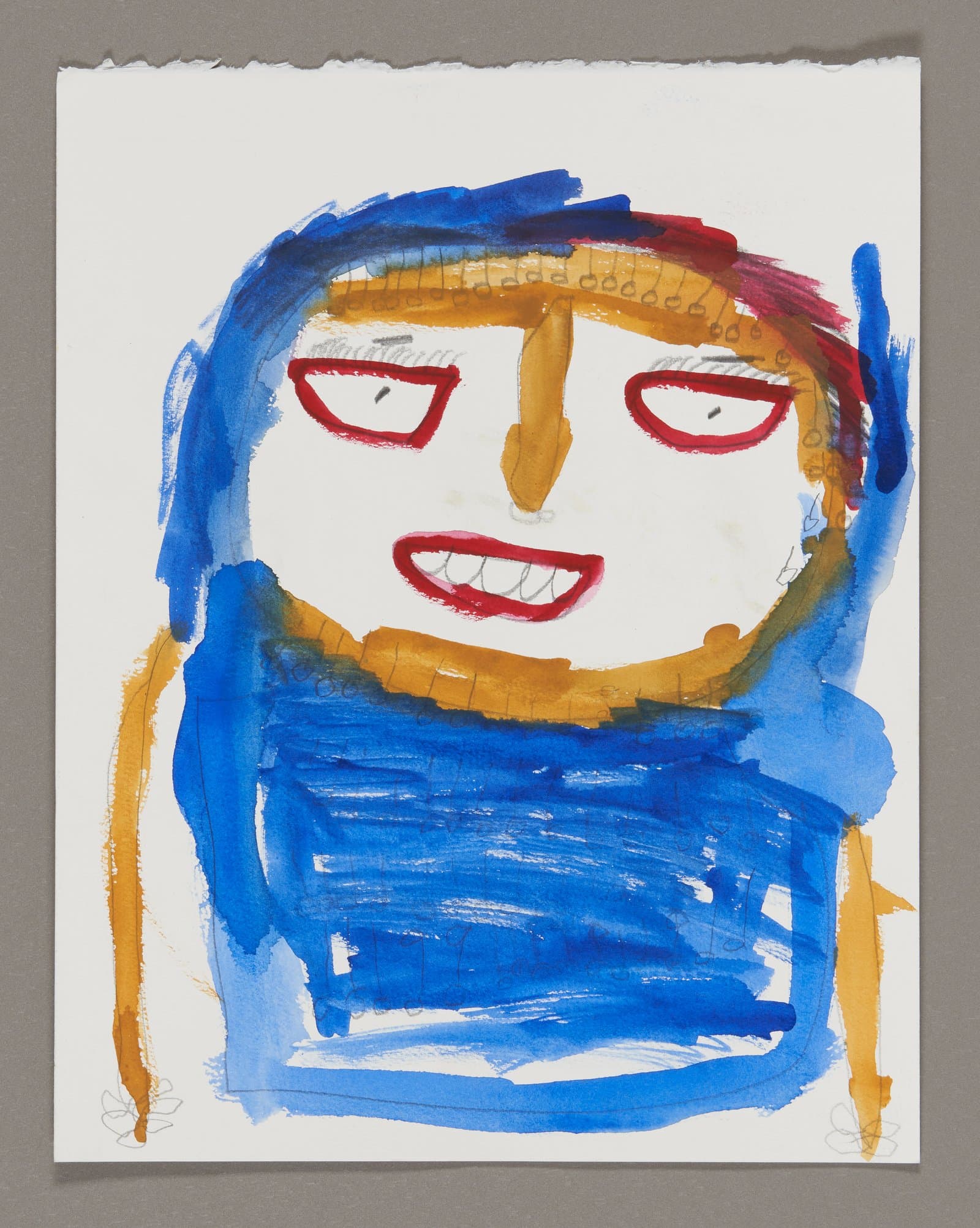Watercolor and graphite portrait of a figure with white face, red outlined eyes and mouth, blue hair and clothing