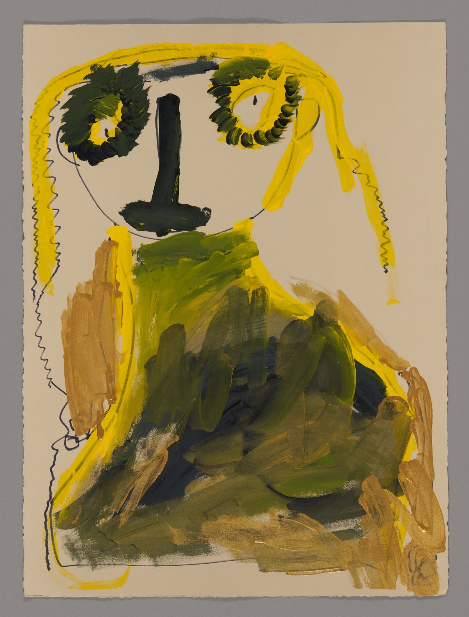Painting of figure with yellow hair and green clothing in acrylic and ink on paper