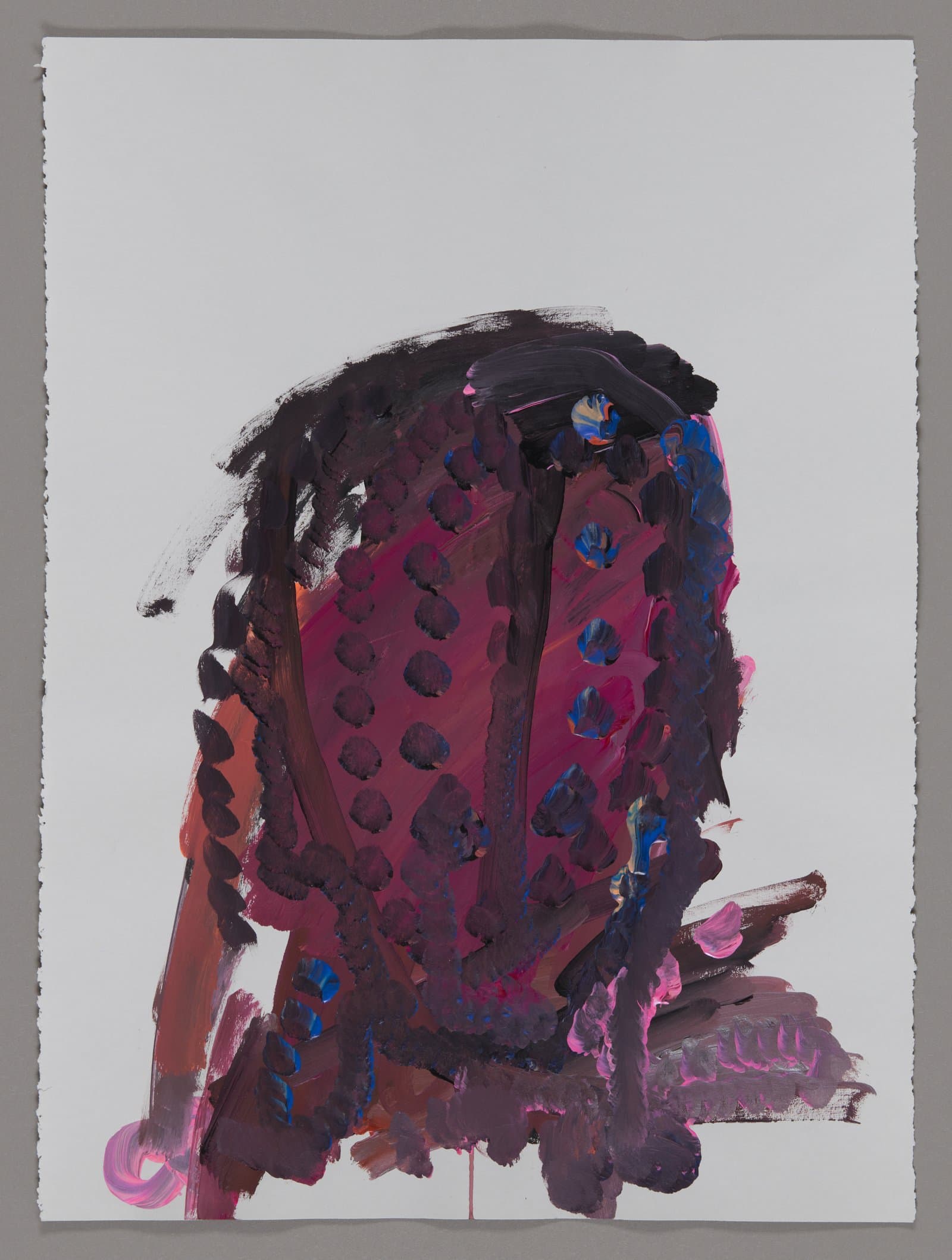 Abstract portrait painting with purple and black brushstrokes on white paper, acrylic and ink
