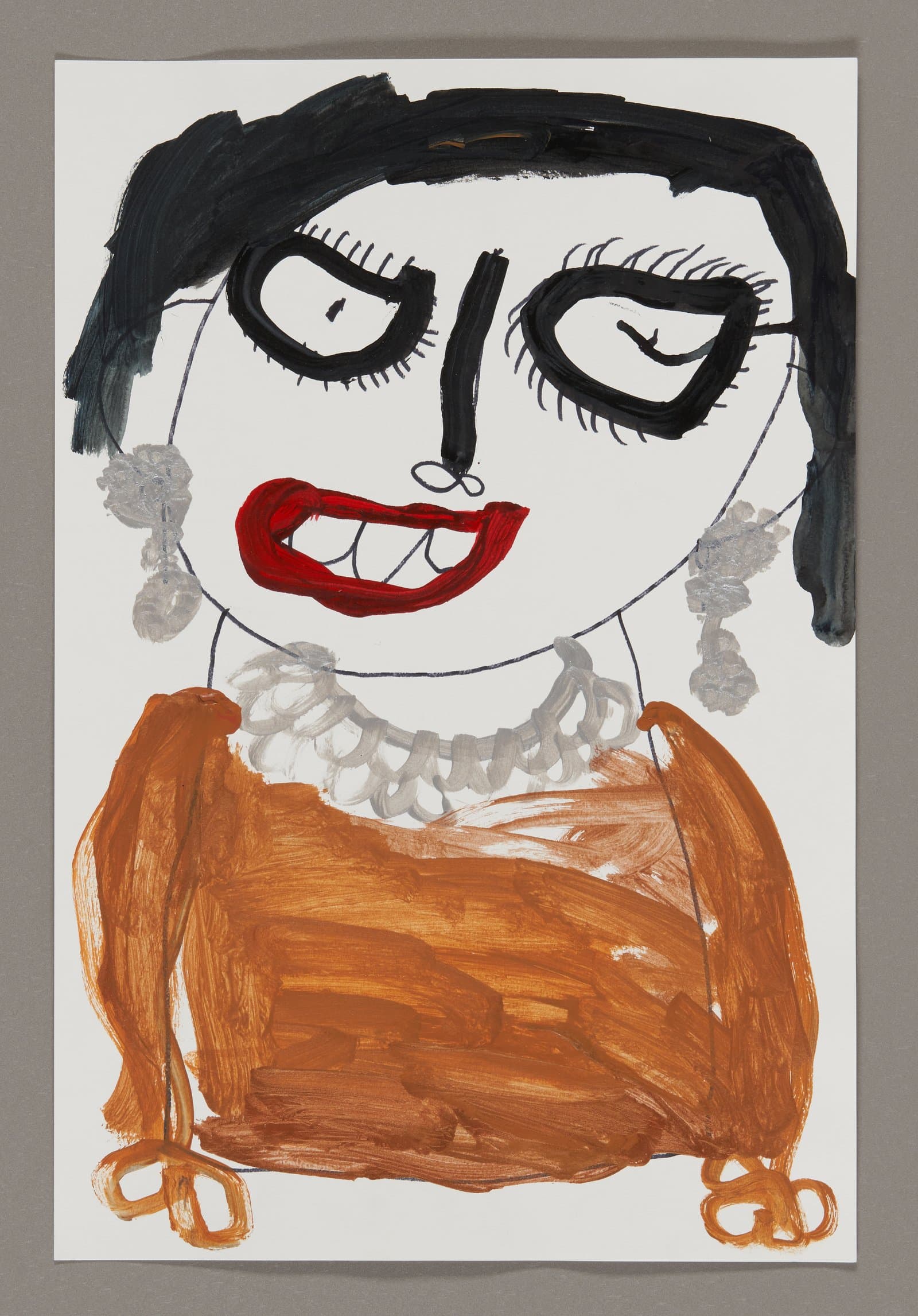 Portrait painting of a figure with black hair, large eyes with eyelashes, red lips, and orange clothing, acrylic and marker on paper