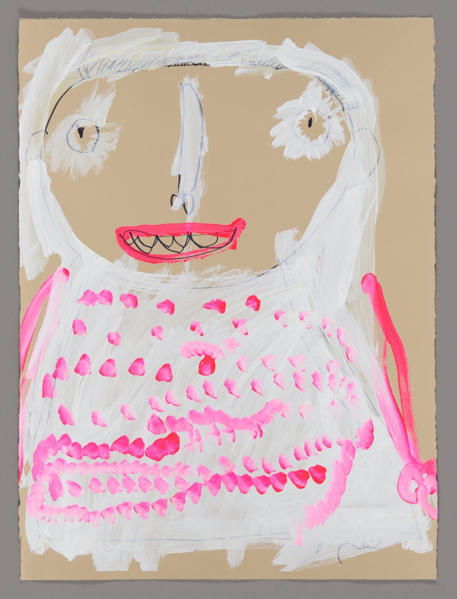Portrait painting of a figure with white hair and pink patterned clothing, acrylic and ink on paper