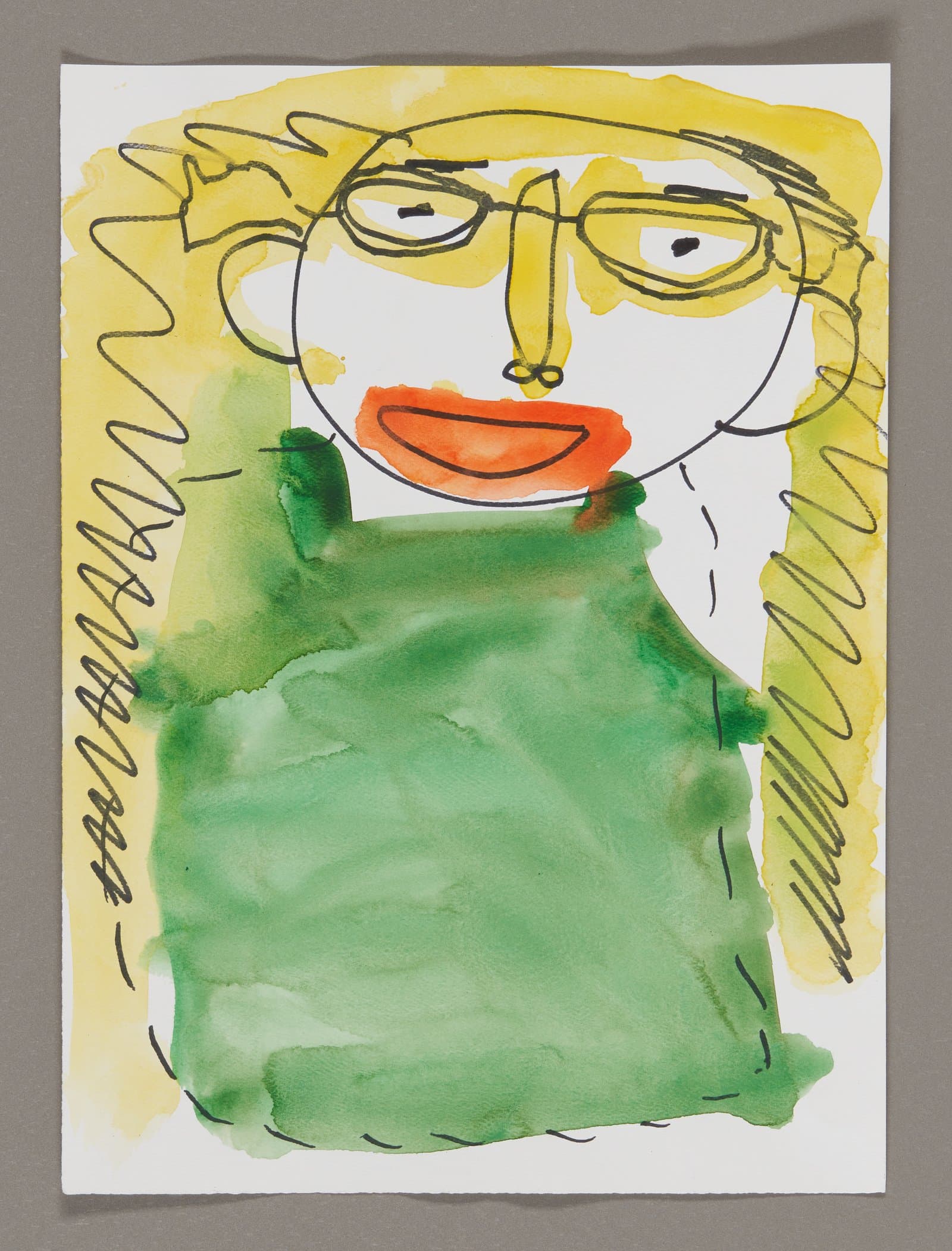 Watercolor and marker portrait of a figure with yellow hair, glasses, orange lips, and green clothing
