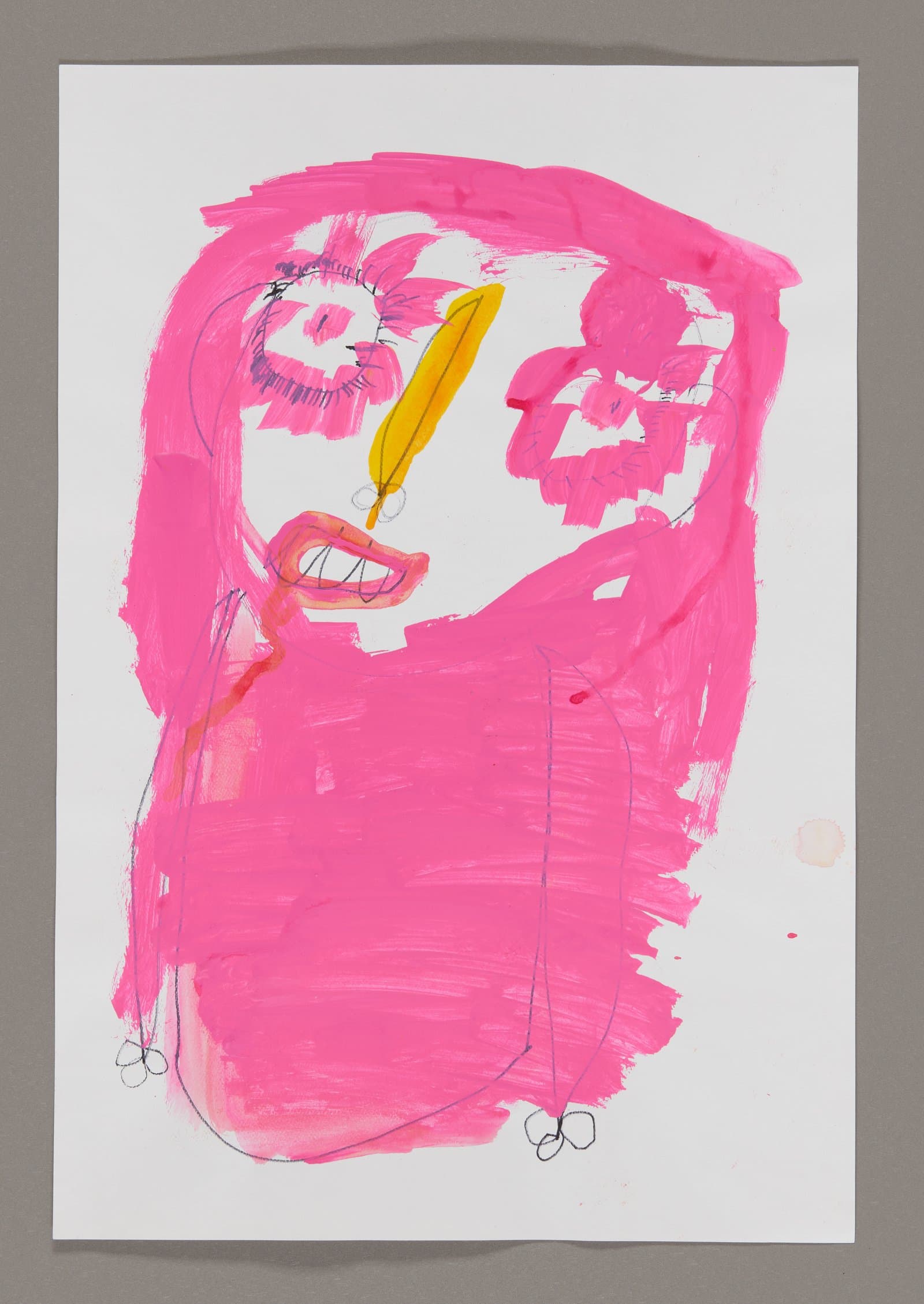 Drawing of a figure with long pink hair and yellow nose, acrylic and Sharpie on paper