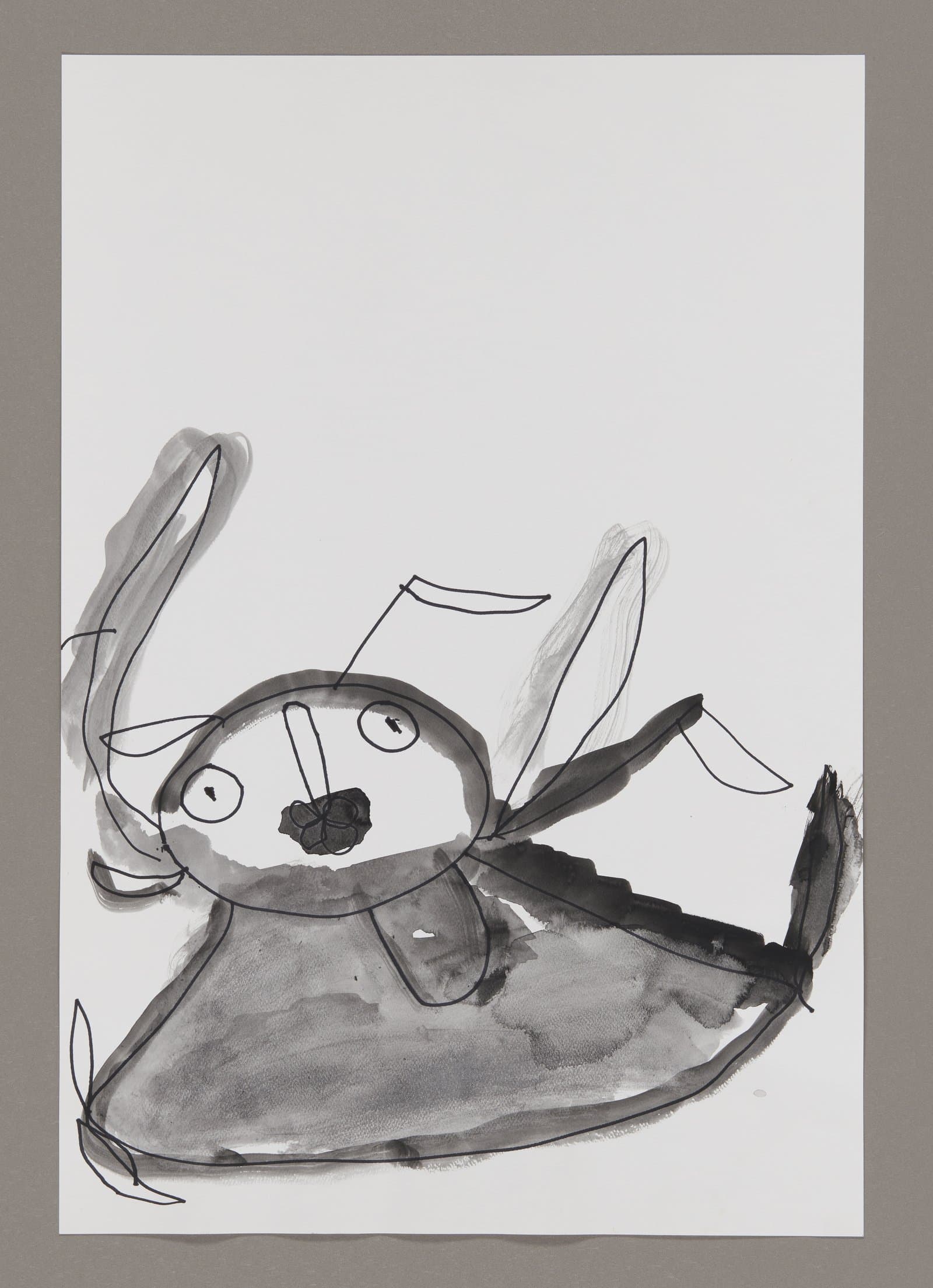 Watercolor painting of a rabbit-like figure with long ears in a boat, rendered in black and gray tones on white paper