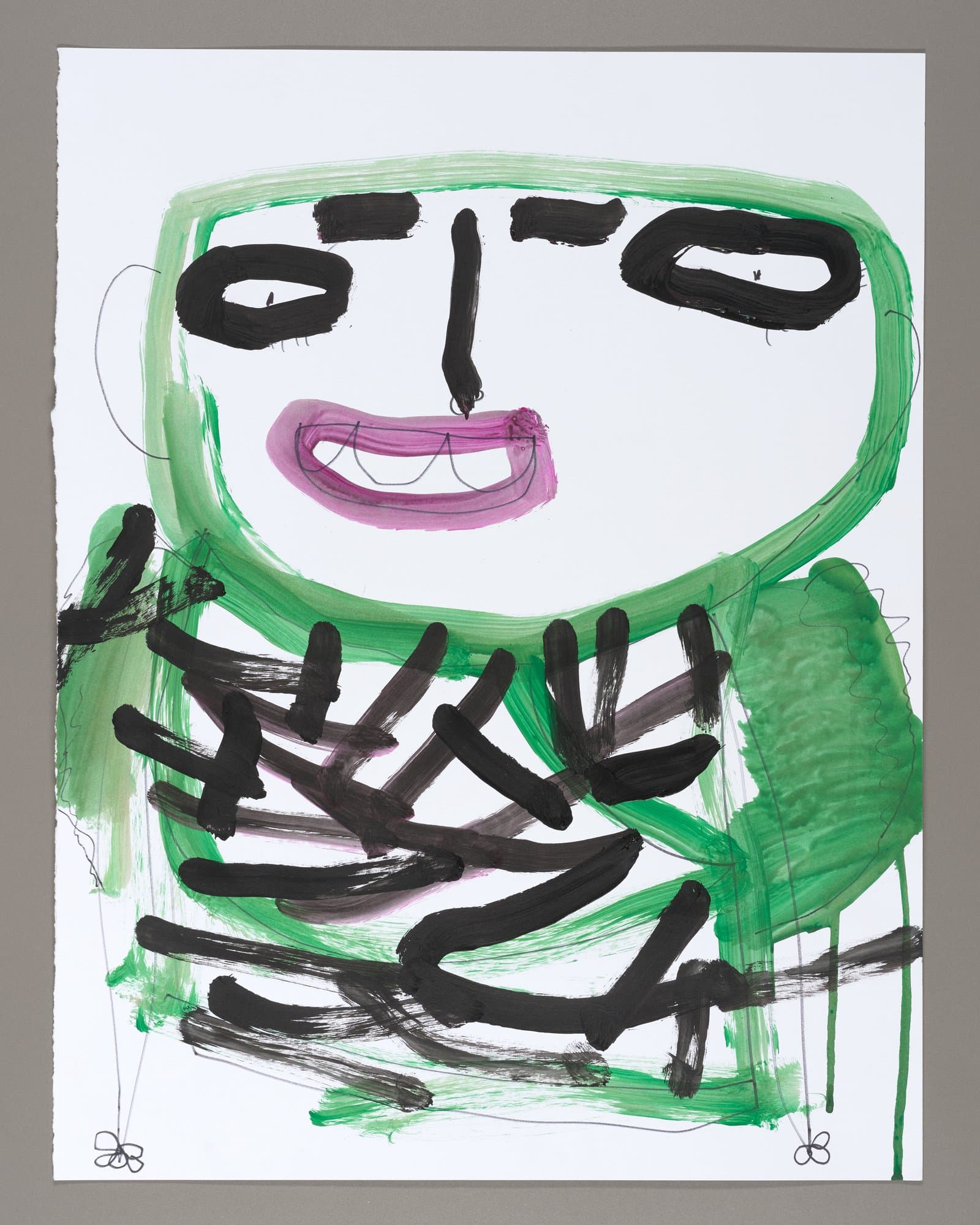 Mixed media drawing of a smiling figure with green hair and black geometric patterns on body, acrylic and Sharpie on paper