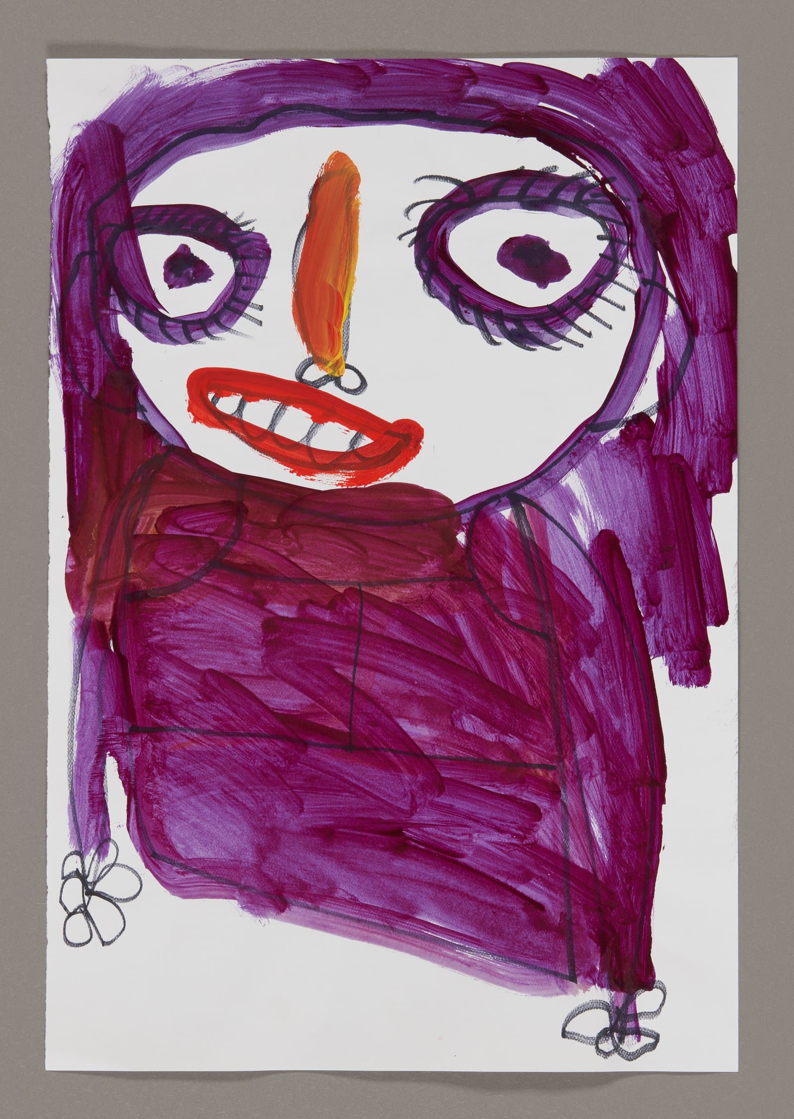 Portrait painting in purple and red acrylic showing a figure with large eyes, orange nose, and red smiling mouth