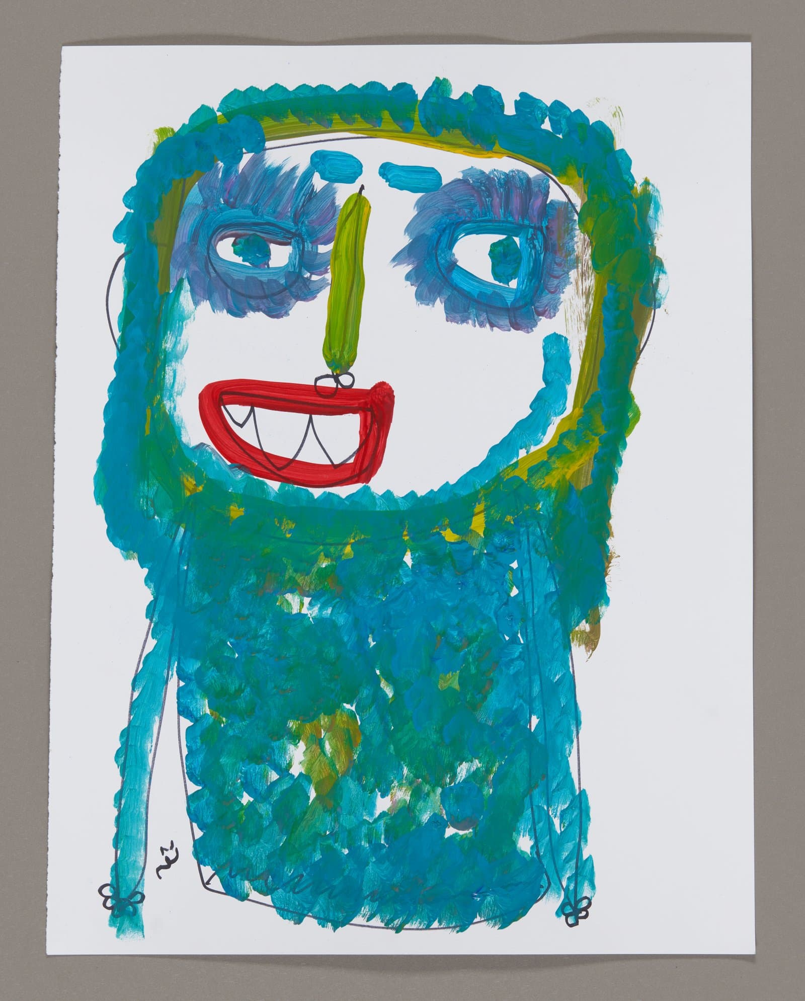 Painting of a smiling figure with blue-green hair and body, red mouth showing white teeth, acrylic and ink on paper
