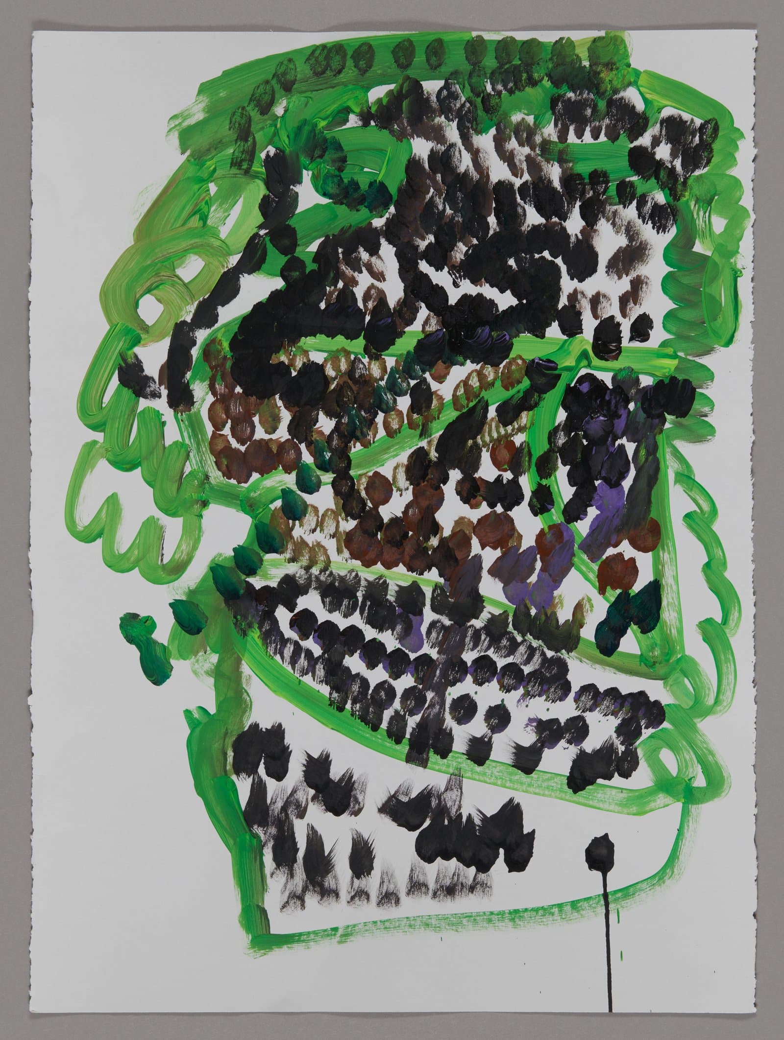 Abstract painting with green curved lines forming an irregular border around clusters of black, brown, and purple dots