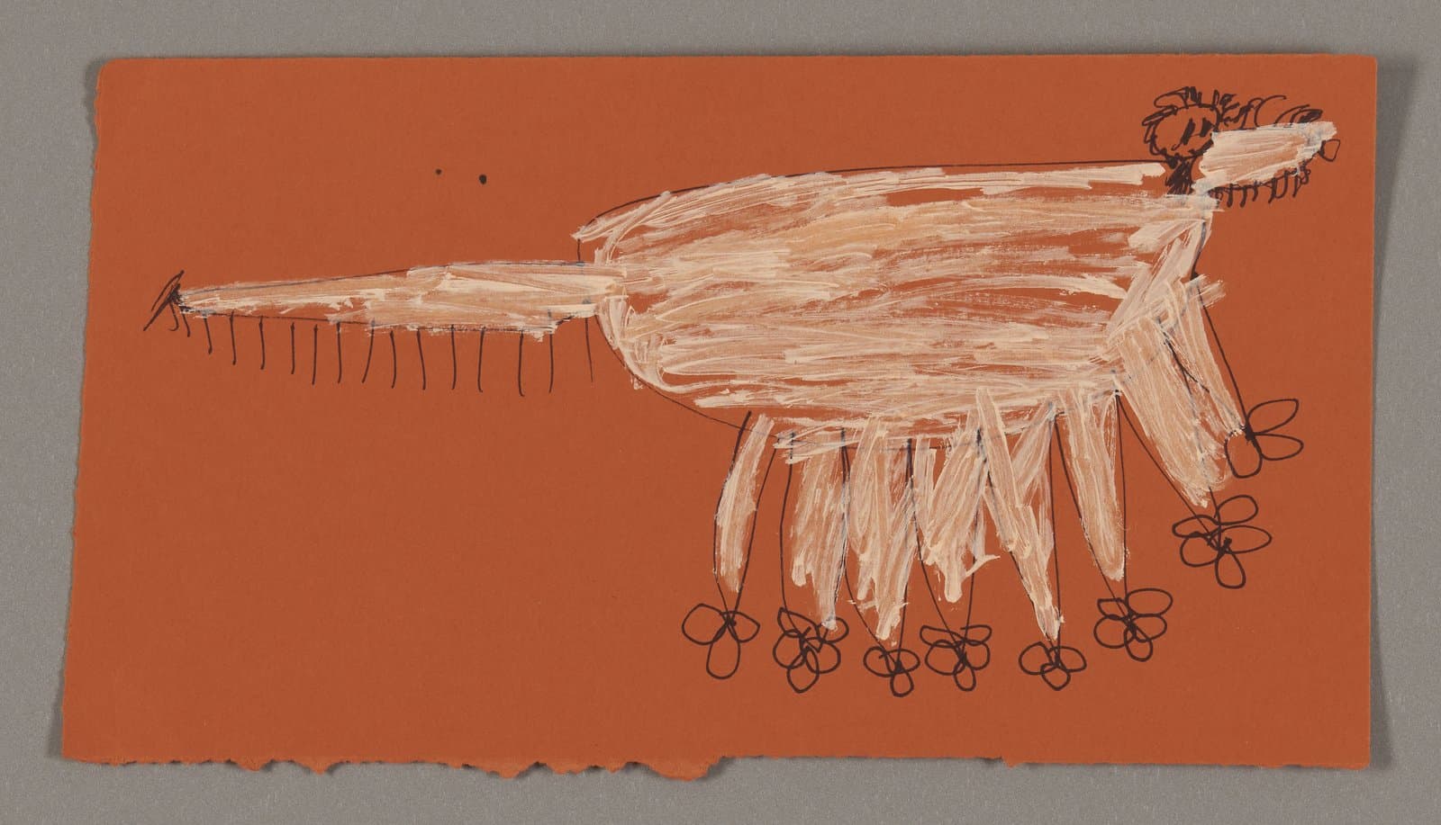 Drawing of a white elephant with decorative details on orange paper, acrylic and ink