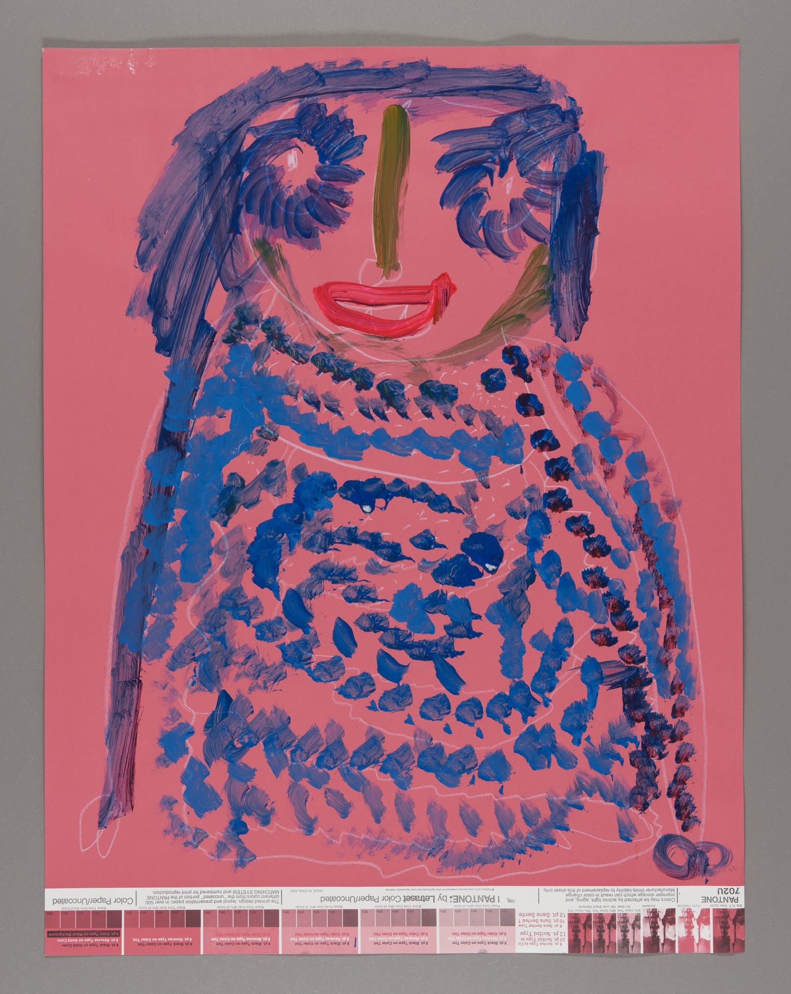 Portrait painting of a figure with blue hair and patterned clothing in pink and blue acrylic and colored pencil