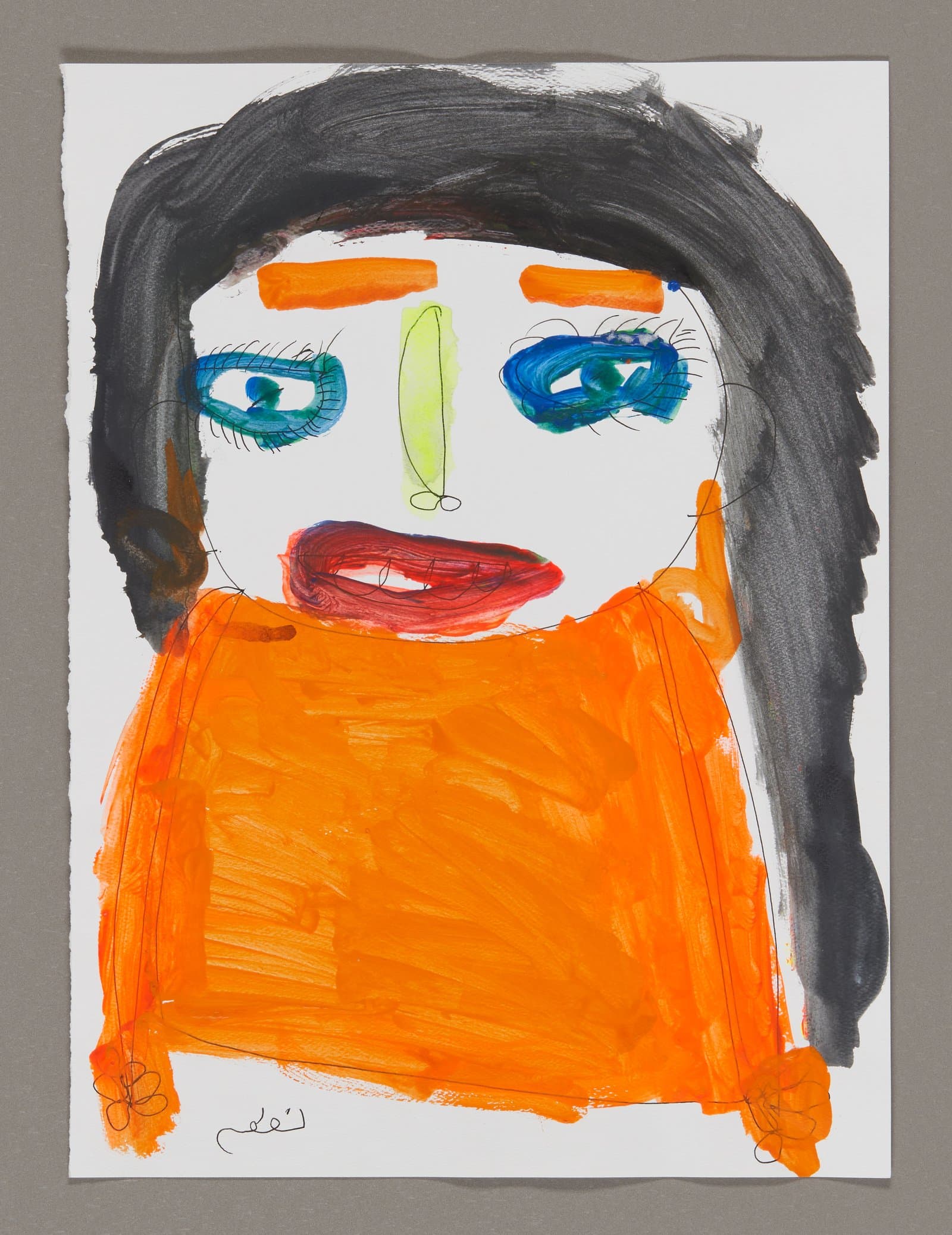 Portrait drawing in mixed media showing a figure with long black hair, orange eyebrows, blue eyes, and bright orange clothing