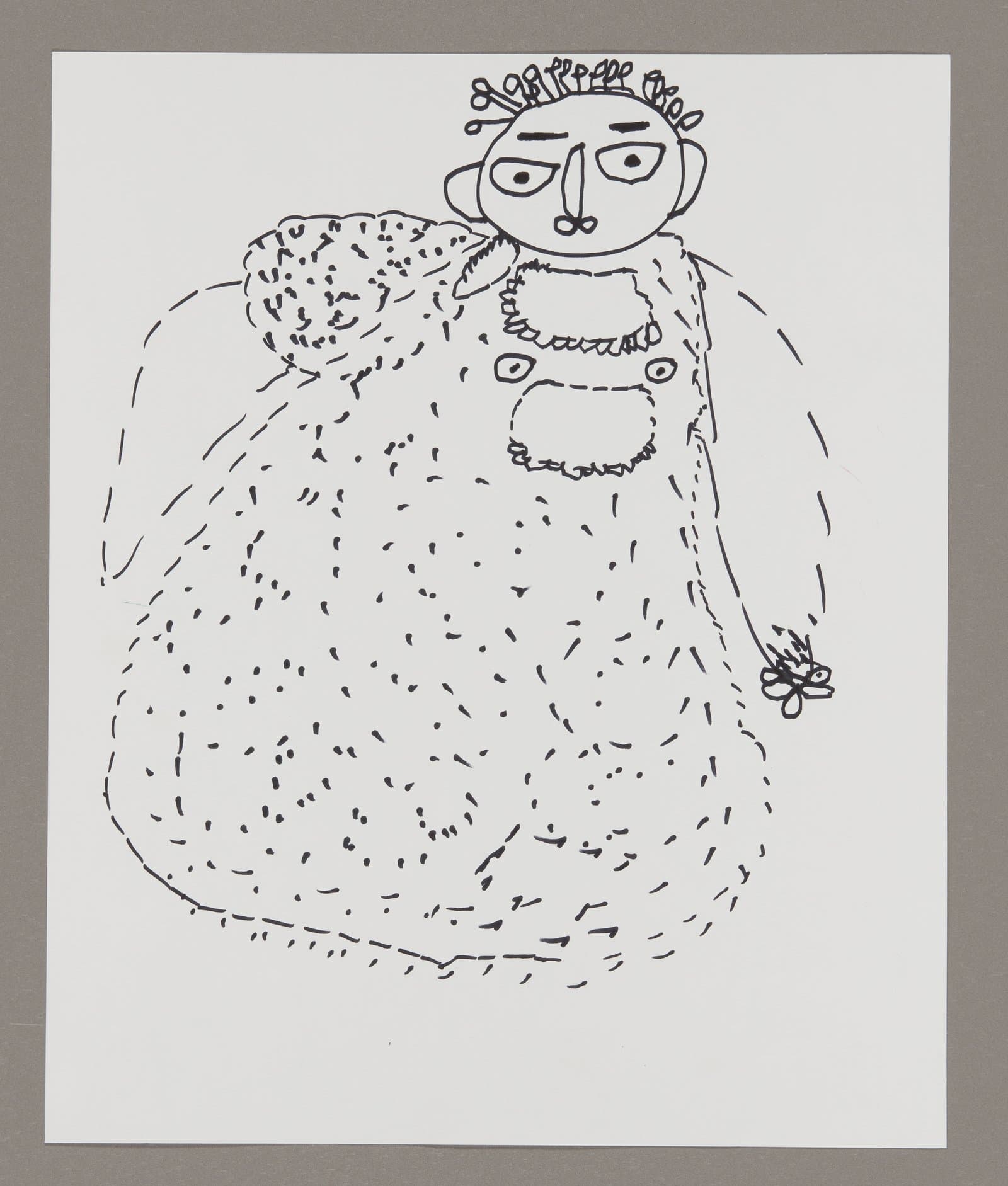 Black ink drawing on white paper showing a figure with curly hair wearing a large, textured dress or gown
