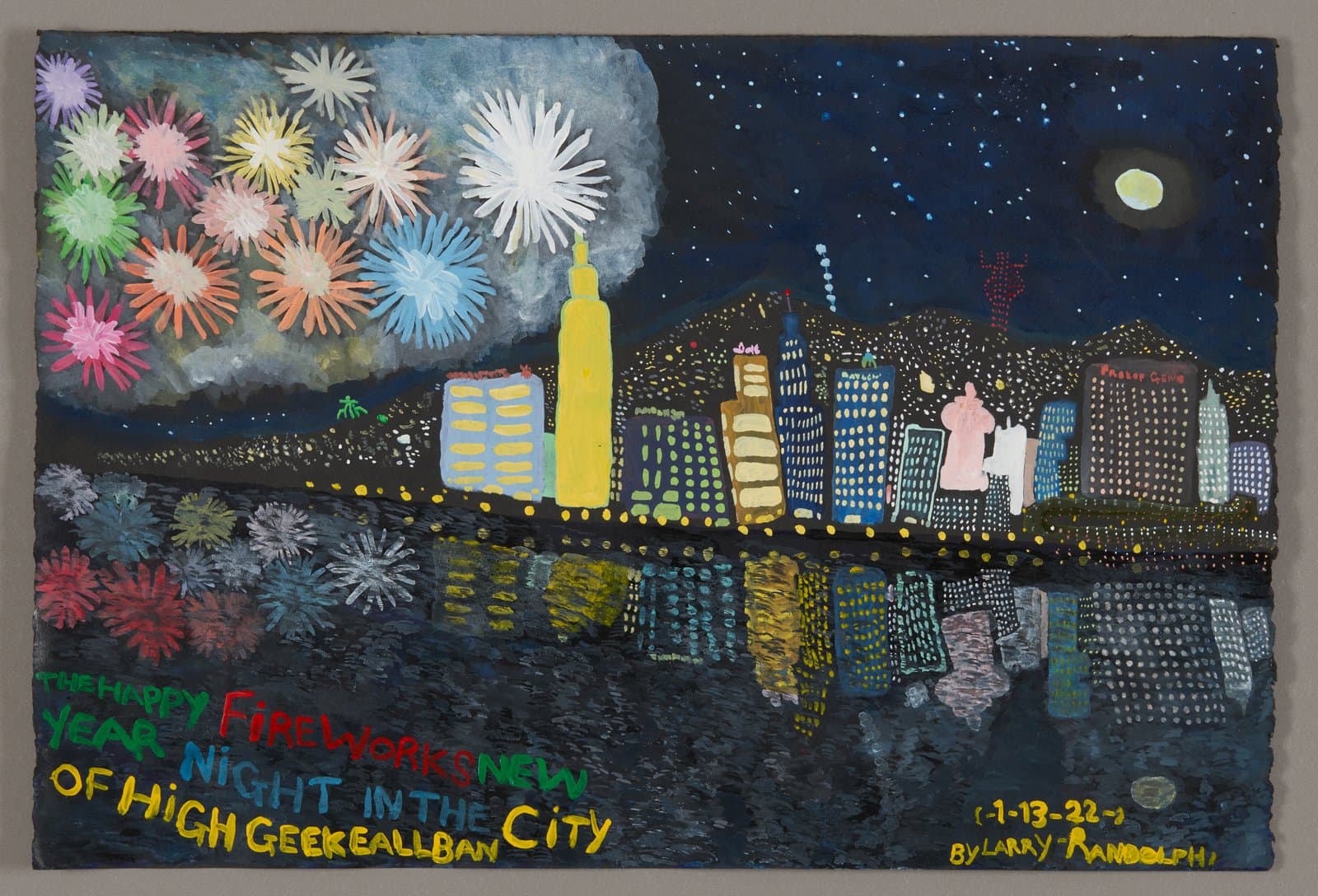 Acrylic painting showing city skyline with fireworks, featuring colorful buildings reflected in water with starry night sky