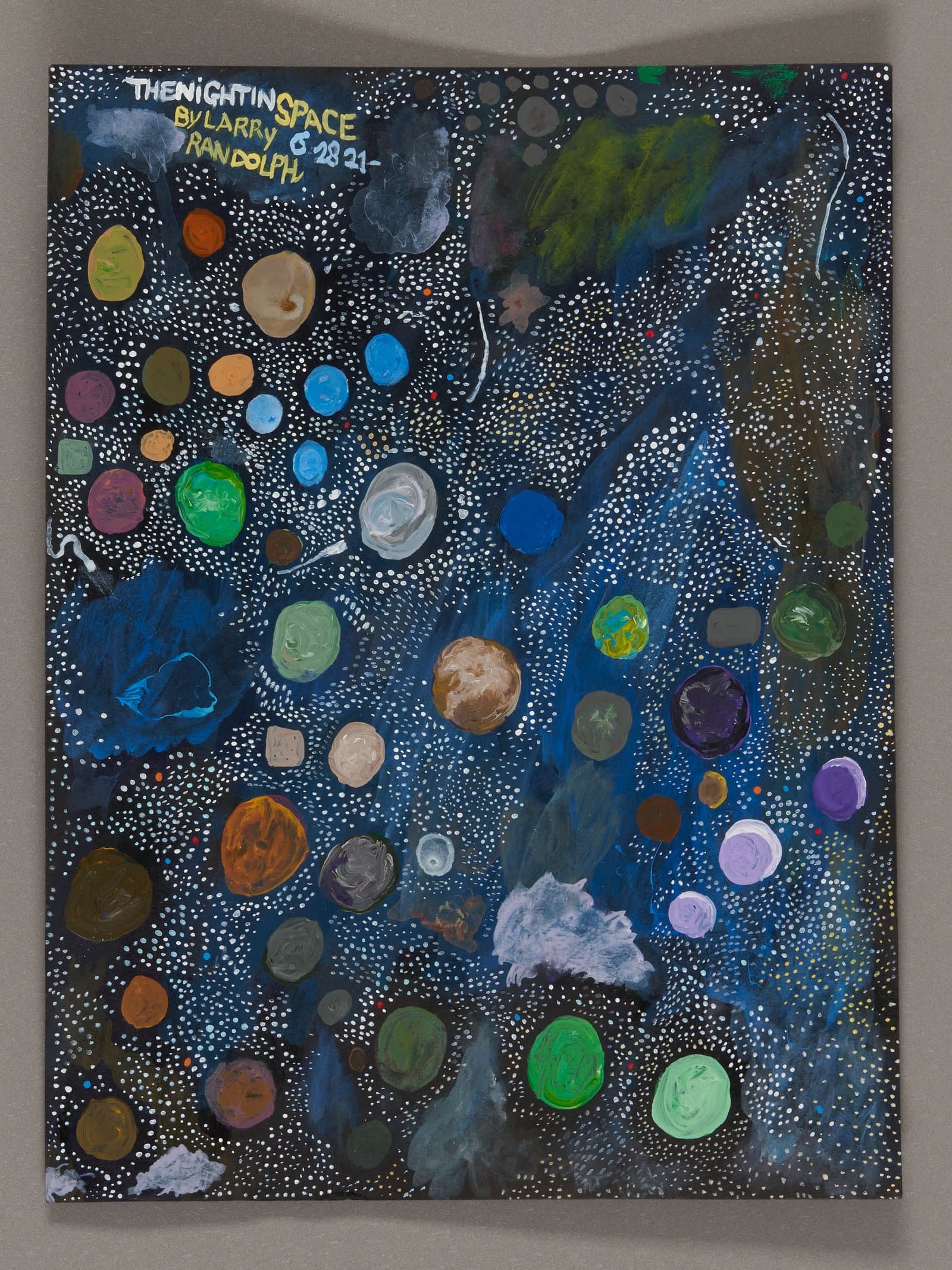 Acrylic painting depicting outer space with colorful planets and celestial bodies against dark starry background