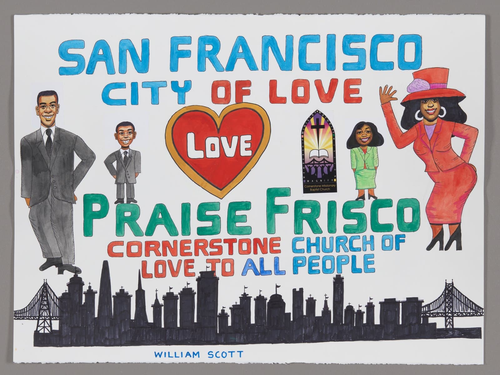 Mixed media artwork with text 'San Francisco City of Love' and figures including men in suits and woman in red dress
