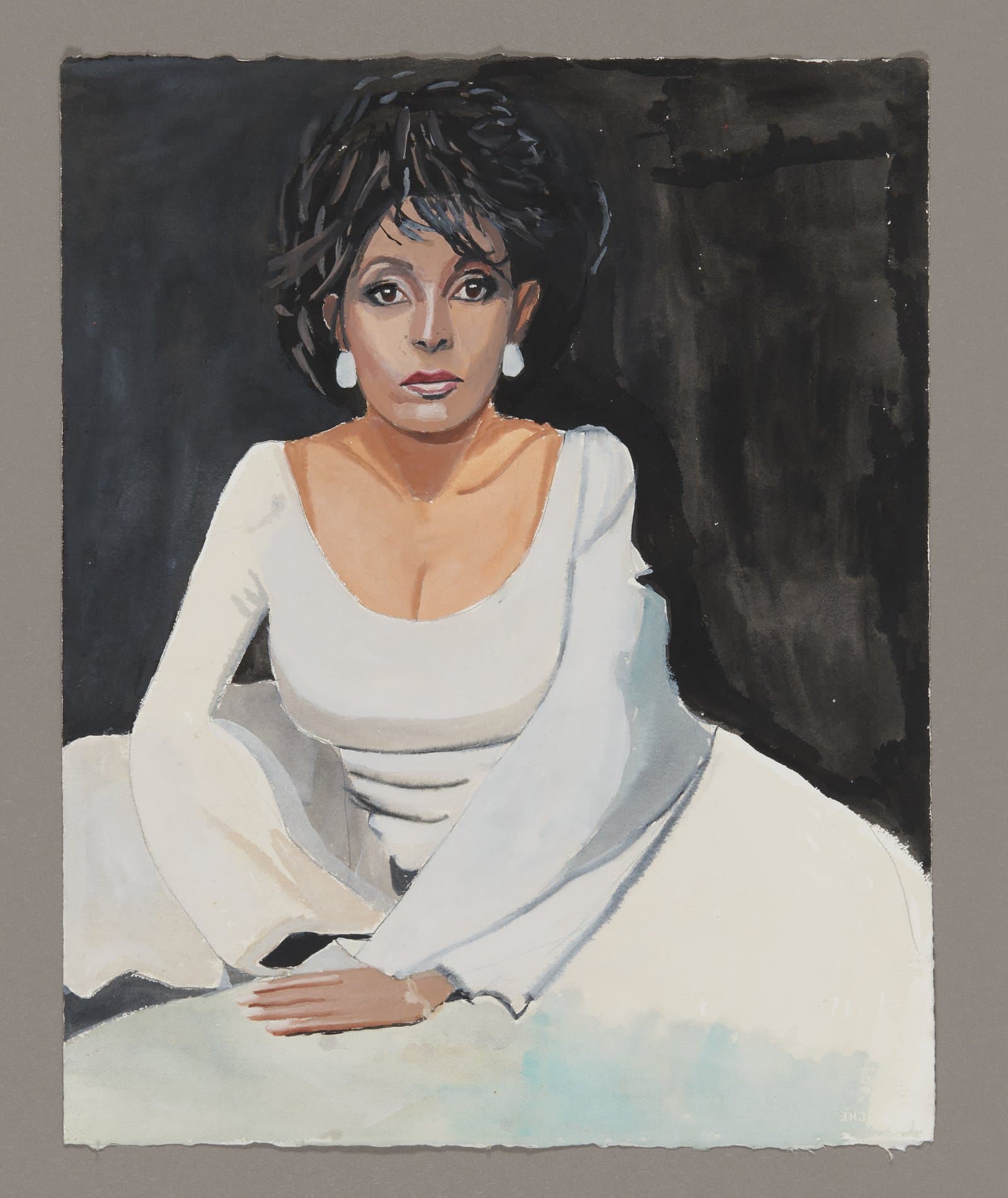 Portrait painting of a person in white clothing with dark hair and pearl earrings, acrylic and watercolor on paper