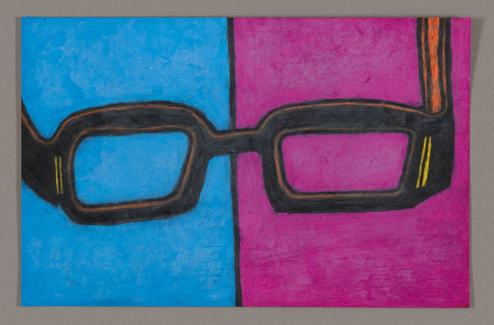 Drawing of large black-rimmed glasses on split blue and magenta background, color stix on paper