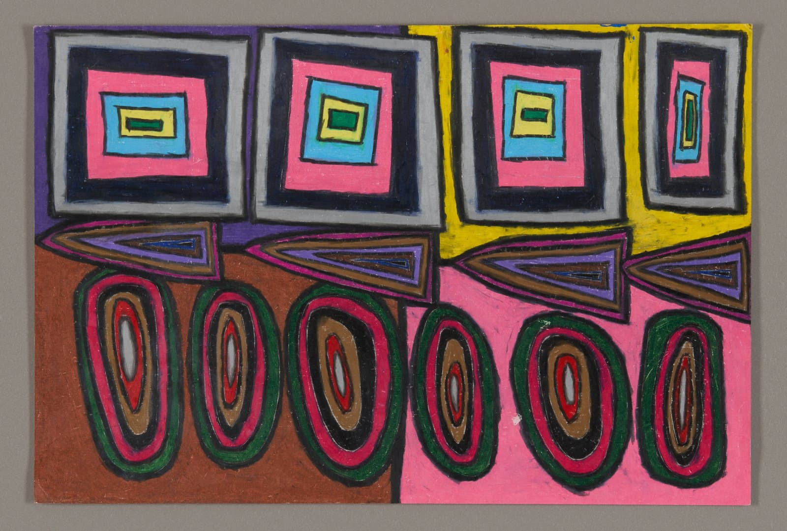 Abstract drawing with geometric shapes in bright colors including concentric squares and ovals on paper