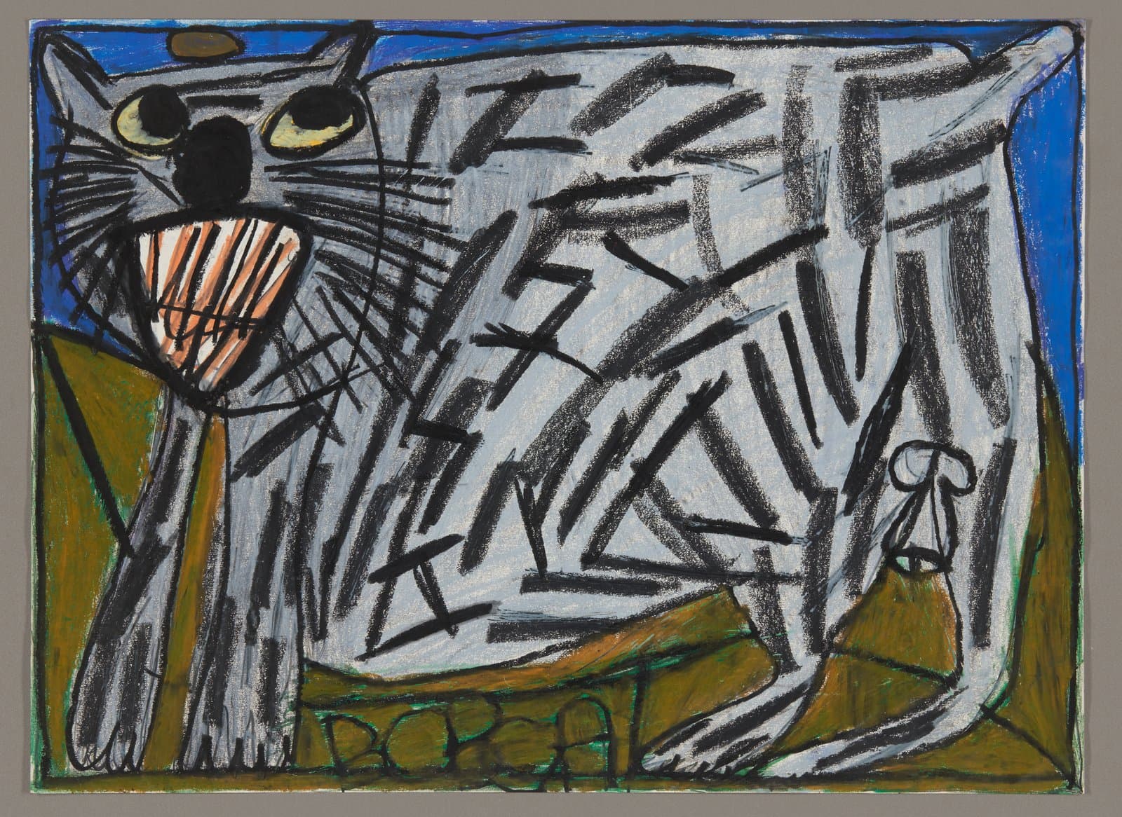 Oil pastel drawing of a gray cat with bared teeth and yellow eyes on paper with blue border