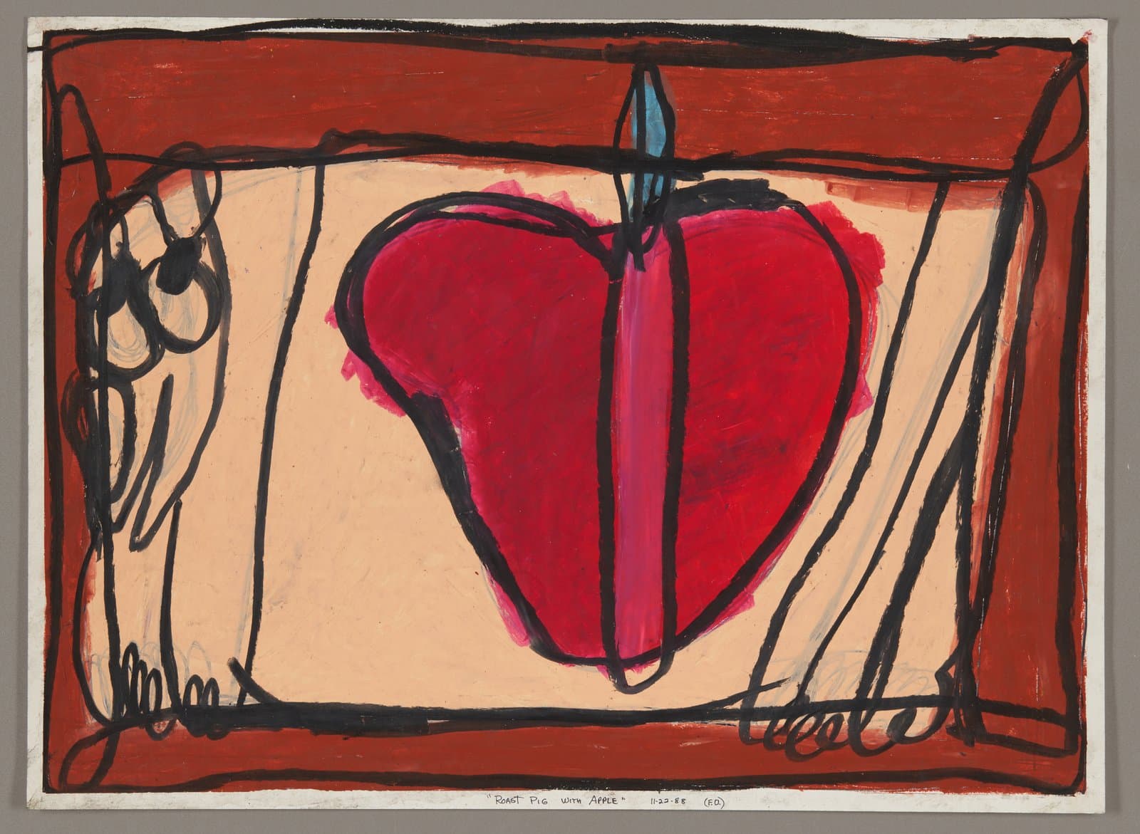 Oil pastel drawing with red heart-shaped form and linear figures on cream background with red border