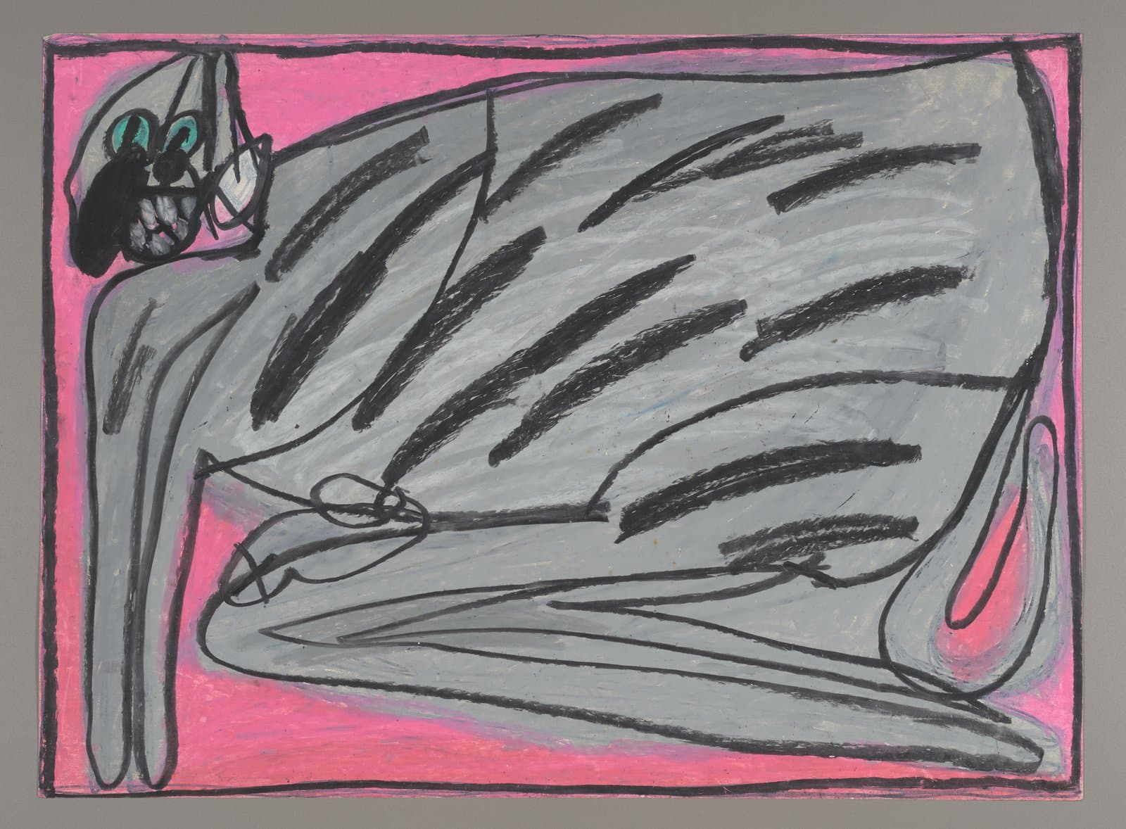 Drawing of a large gray striped cat lying down on pink background, oil pastel on paper
