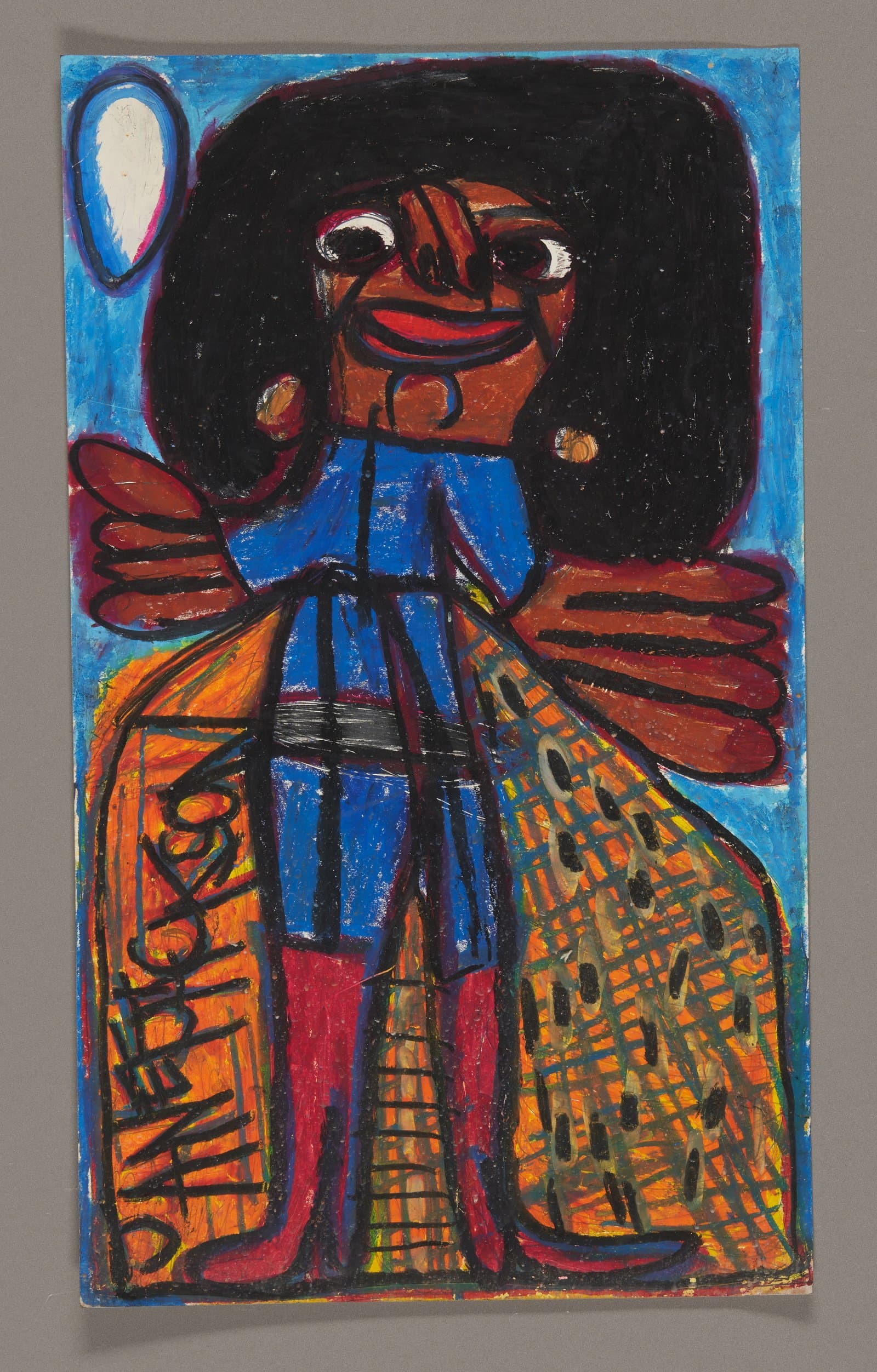Oil pastel portrait of a figure with dark hair, blue clothing, and colorful patterned wings on paper