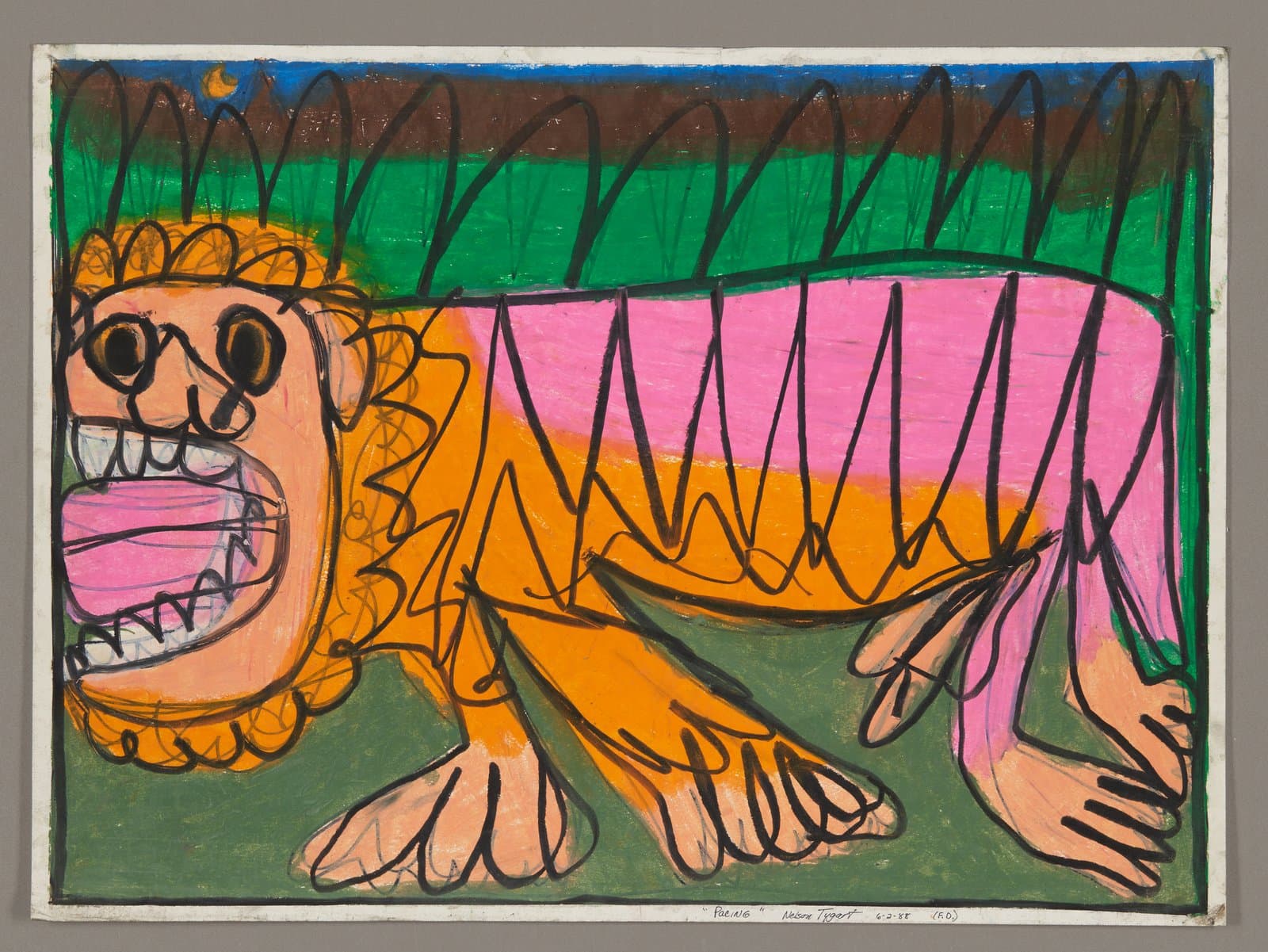 Oil pastel drawing of a lion-like creature with orange mane, open mouth showing teeth, against green and pink background