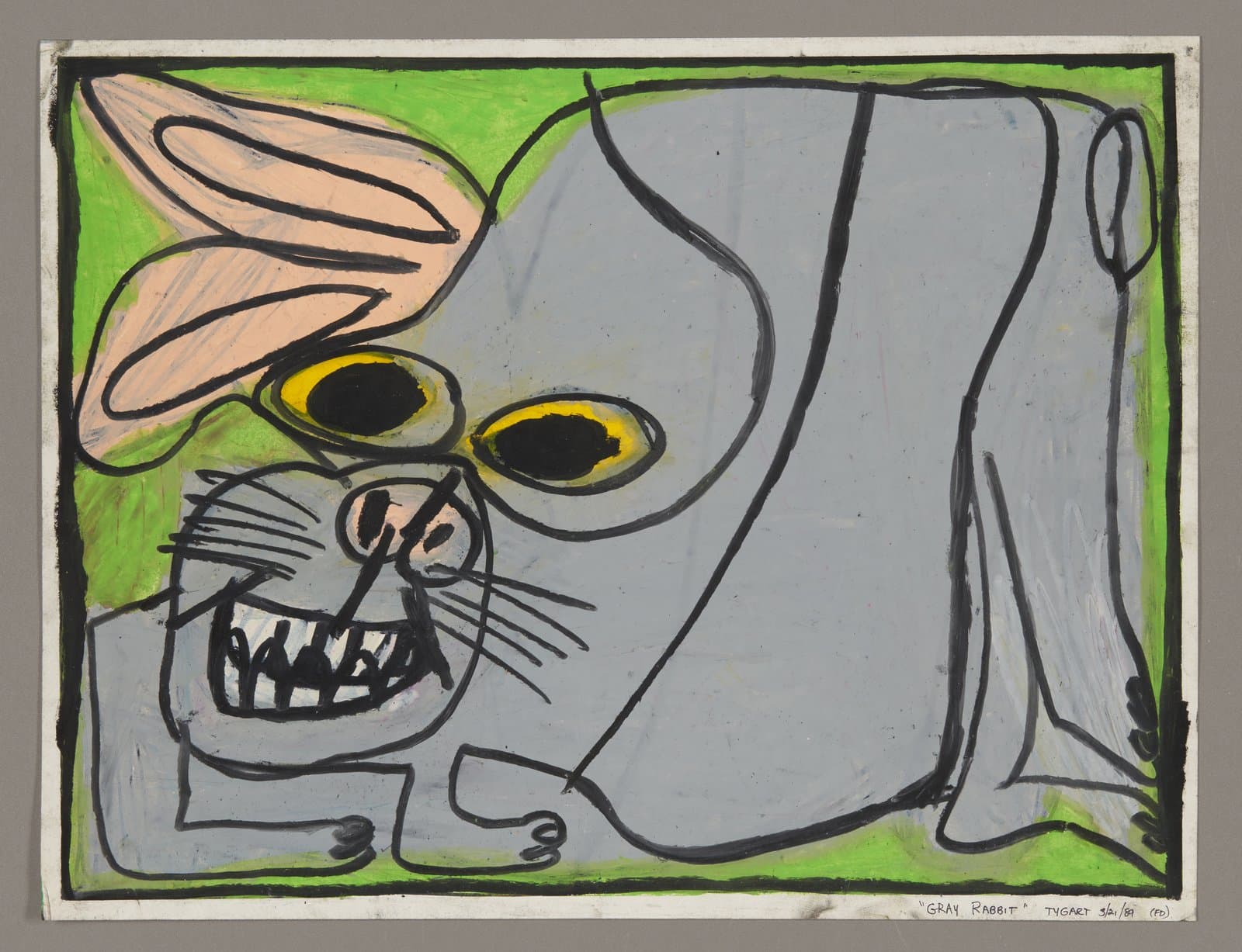 Oil pastel drawing of a gray elephant-like creature with wings, yellow eyes, and exposed teeth on green background