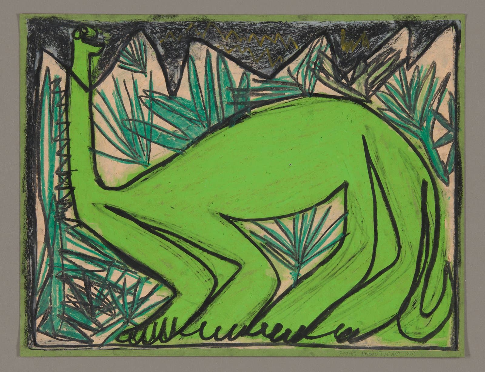 Drawing of bright green dinosaur among tropical plants, oil pastel on paper with green border