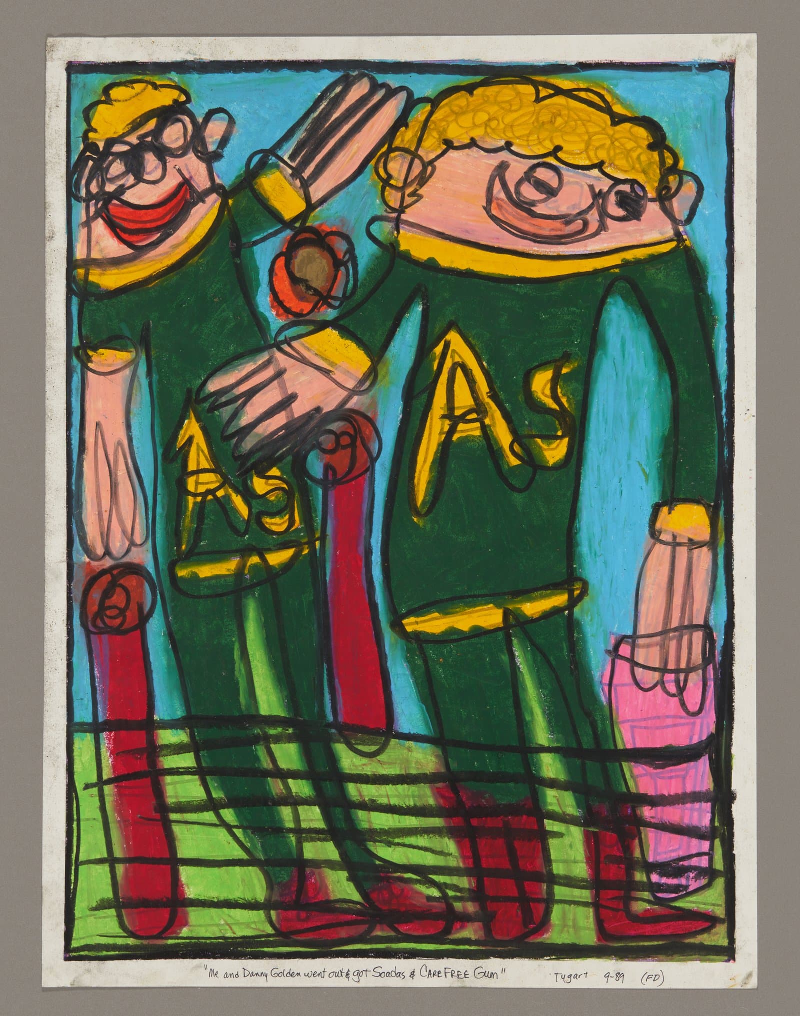 Oil pastel drawing of two figures in green uniforms standing together, holding drinks and gum packages