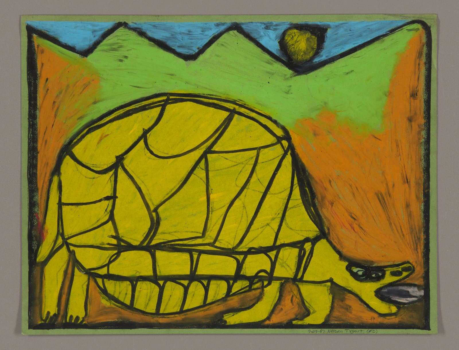 Oil pastel drawing of a large yellow turtle with geometric shell pattern against colorful mountain landscape