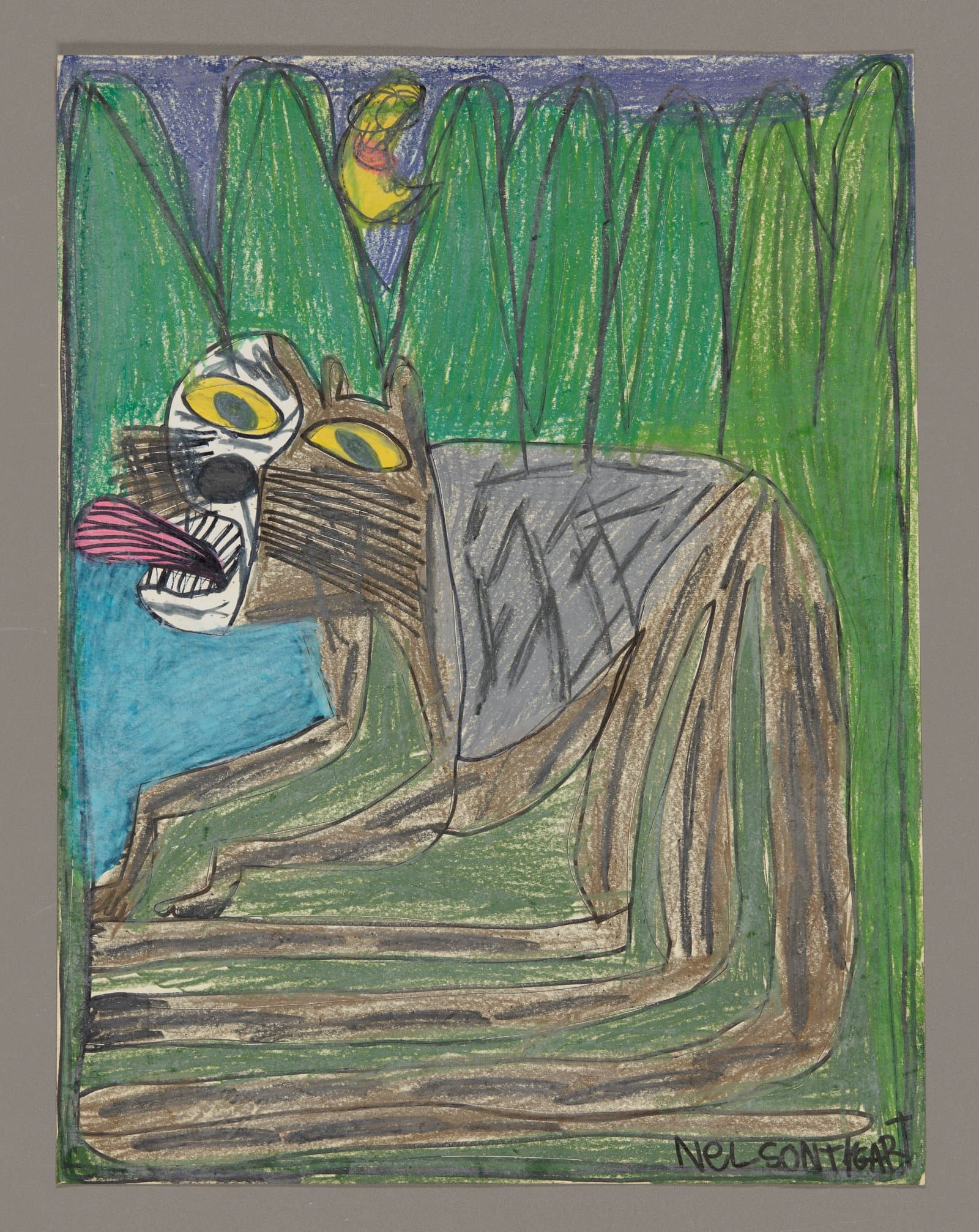 Drawing of a large brown cat-like creature with yellow eyes and open mouth in a forest setting, colored pencil on paper