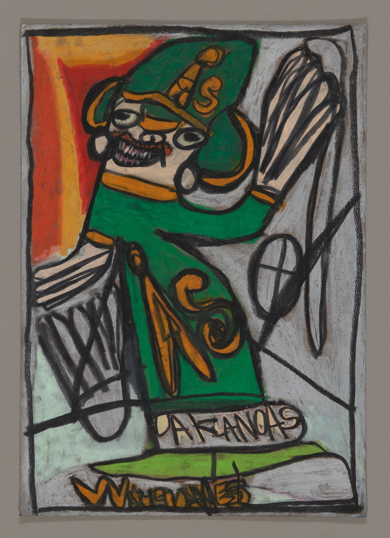 Oil pastel drawing of Oakland Athletics baseball mascot elephant in green uniform holding bat
