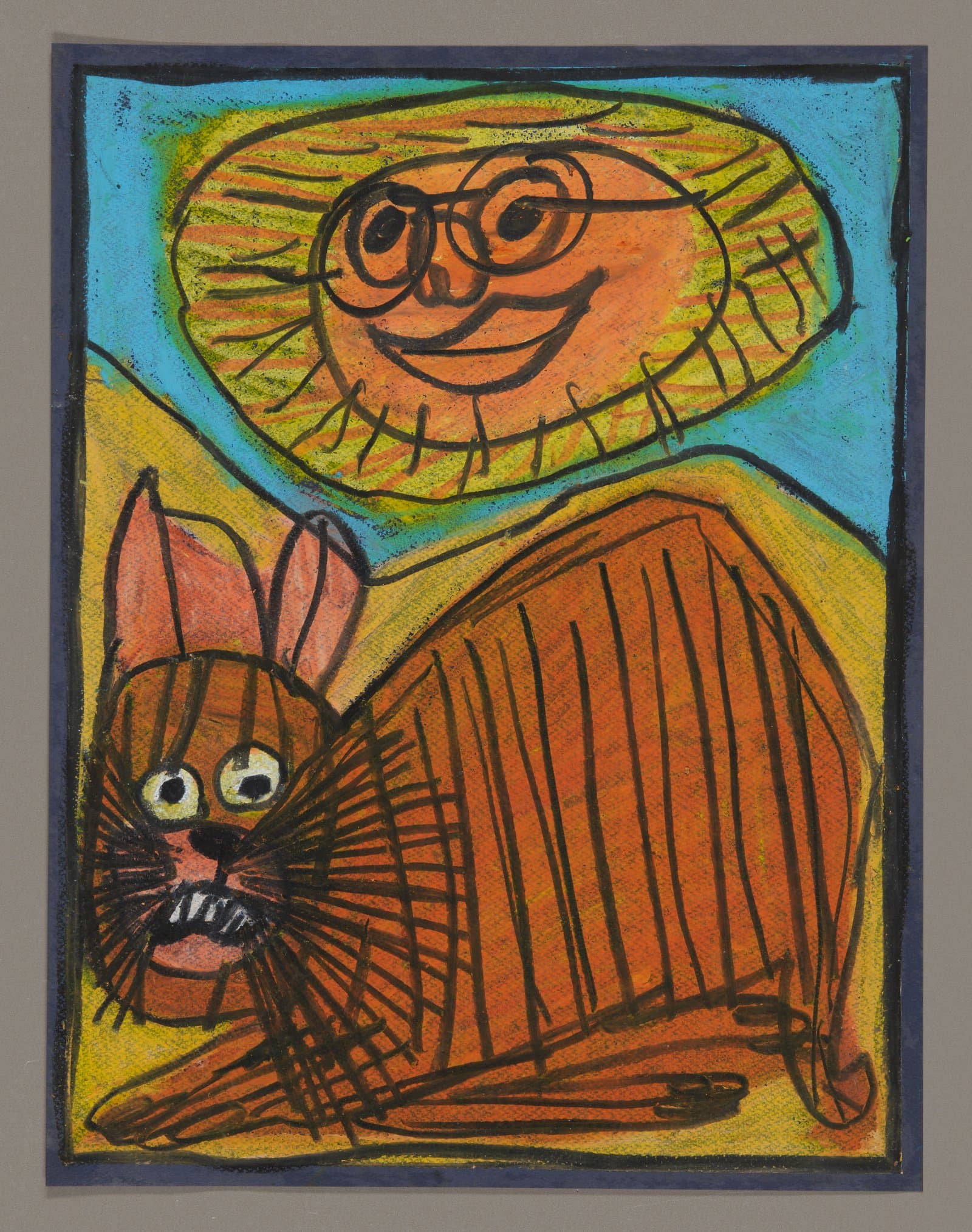 Oil pastel drawing of smiling figure with glasses above orange striped cat with prominent teeth