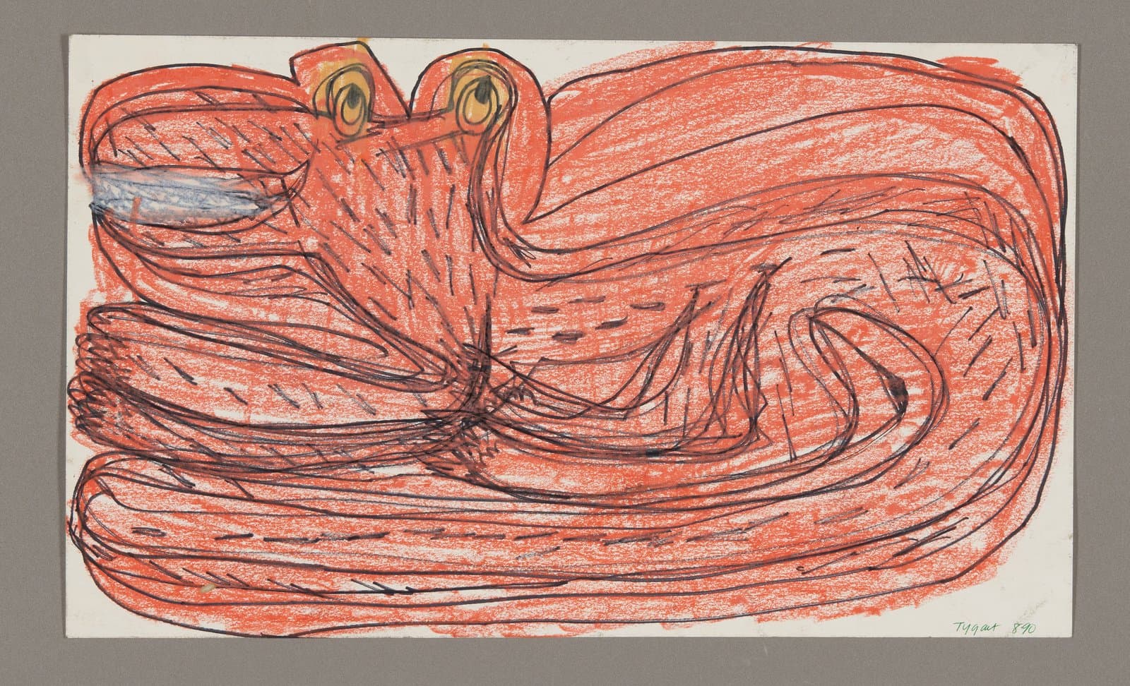 Drawing of orange-red creature with bulging eyes and curved body, created with colored markers on paper