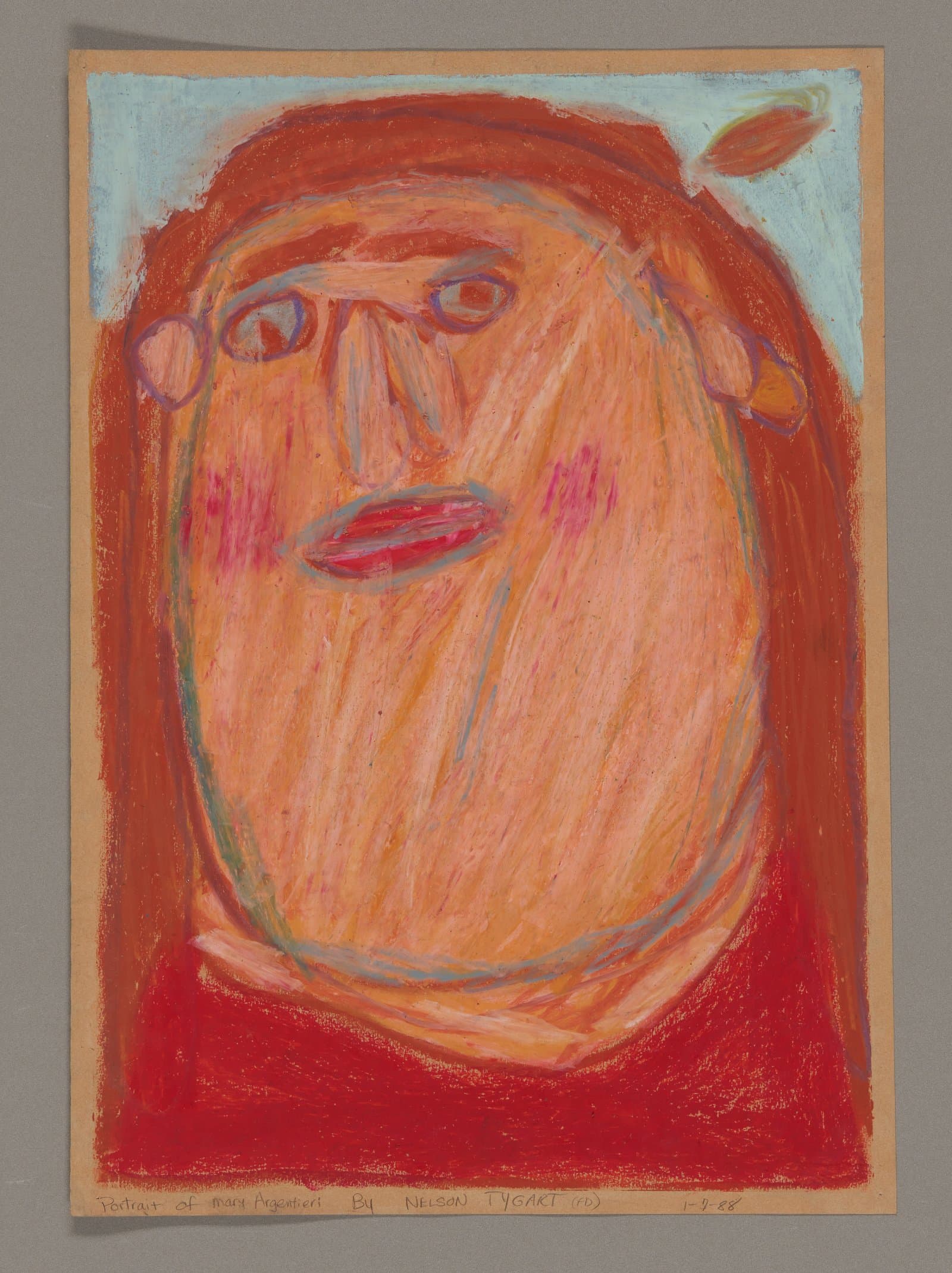 Oil pastel portrait showing a figure with red hair and orange-pink skin against light blue and red background