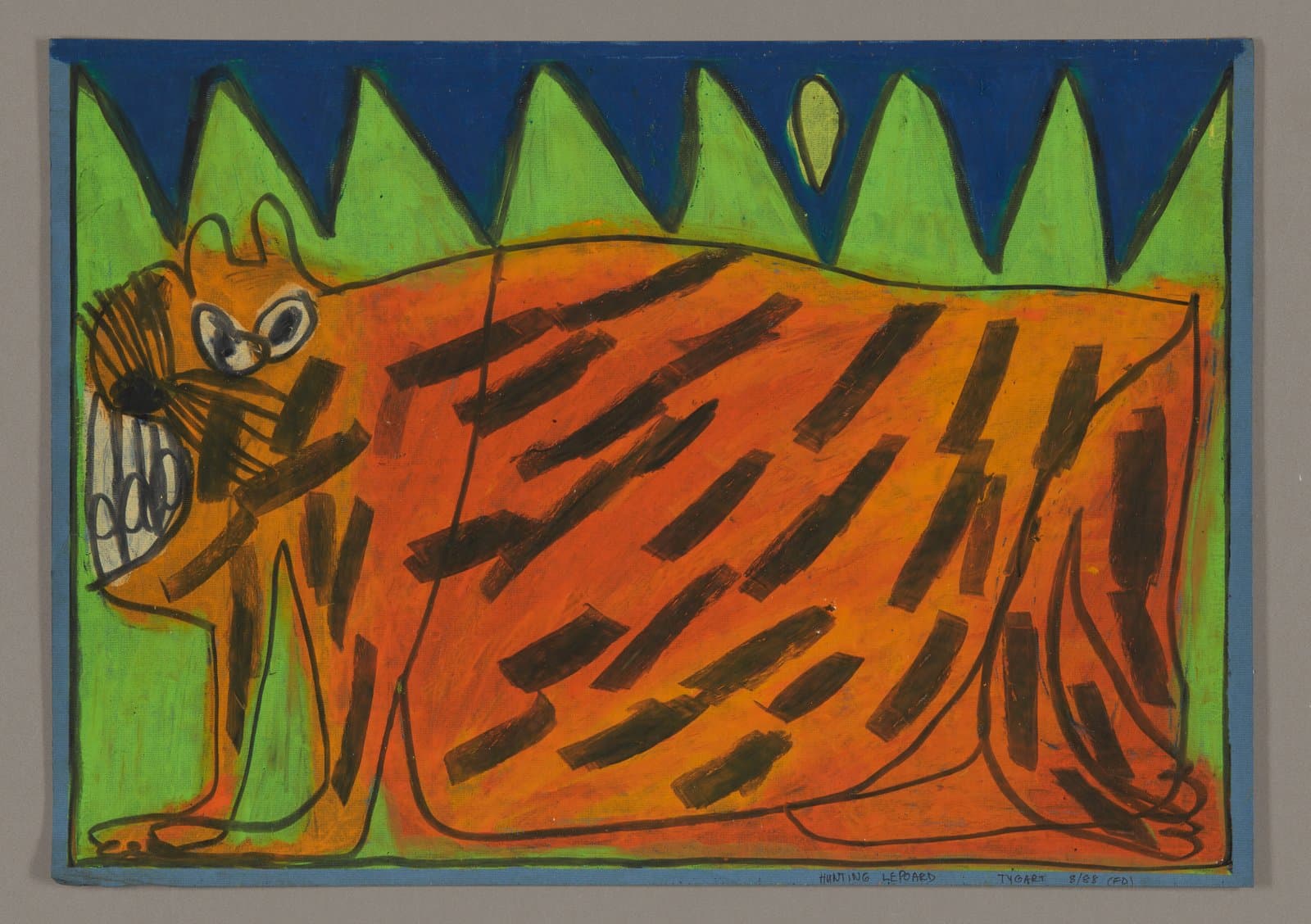Oil pastel drawing of orange leopard with black stripes lying in green forest setting on paper