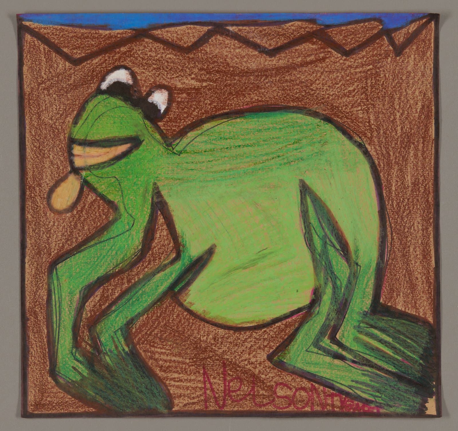 Drawing of green frog with white eyes on brown background, created with colored pencils and marker