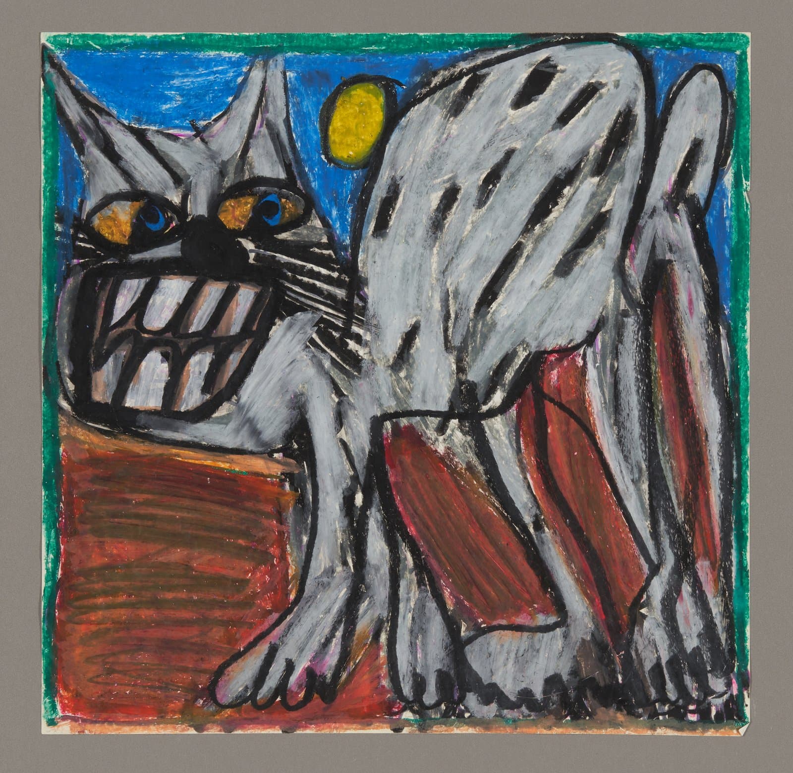 Oil pastel drawing of a gray winged cat with bared teeth against blue sky with yellow sun