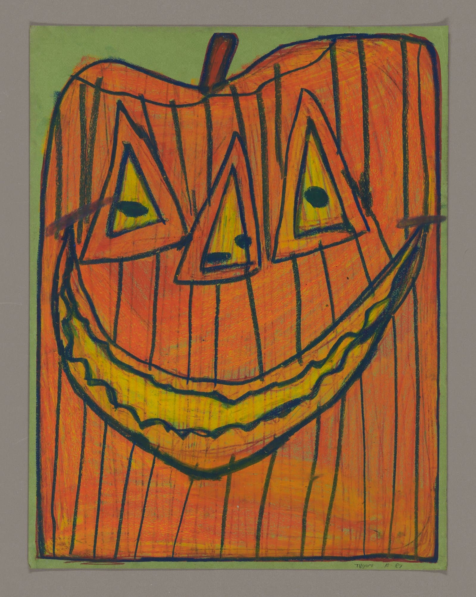 Oil pastel drawing of an orange jack-o'-lantern with triangular eyes and wavy smile on green background