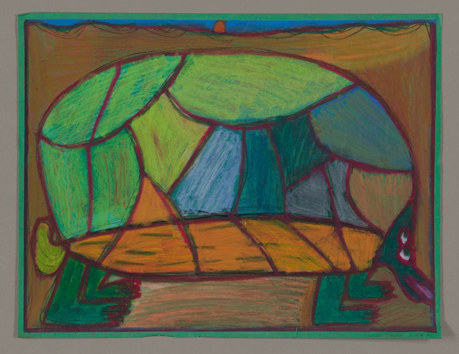 Oil pastel drawing of colorful geometric turtle with segmented shell in green, blue, and orange tones
