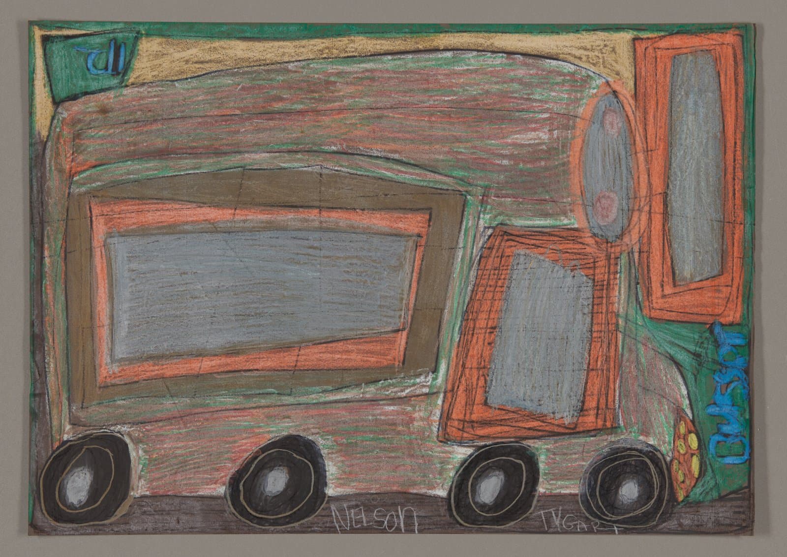 Oil pastel drawing of a large truck or semi-trailer in brown and orange tones with four black wheels on gray paper
