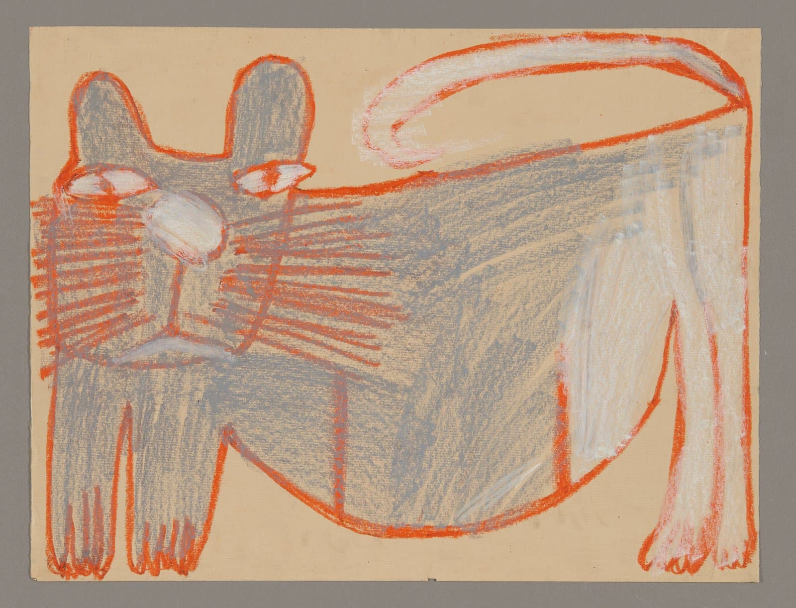 Drawing of an elephant in orange and gray oil pastel on beige paper