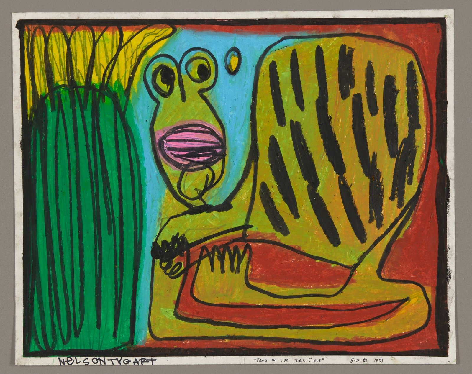 Oil pastel drawing of a stylized frog figure with large eyes sitting among tall green corn stalks