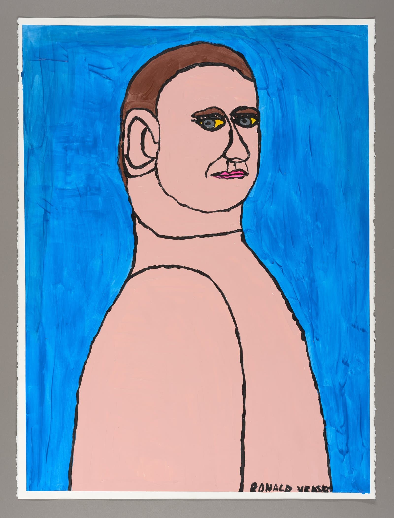 Portrait painting of a figure with short brown hair and glasses against a bright blue background, acrylic on paper